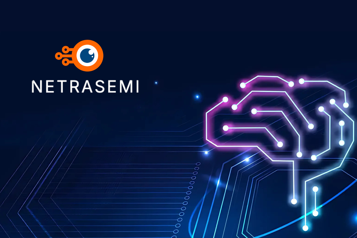 A banner featuring the Netrasemi logo on the left, with an orange eye-like symbol incorporating circuit connections, and the text "NETRASEMI" below it. On the right, a glowing neon brain-shaped circuit design in pink and white, set against a dark blue background with digital lines and subtle glowing effects.