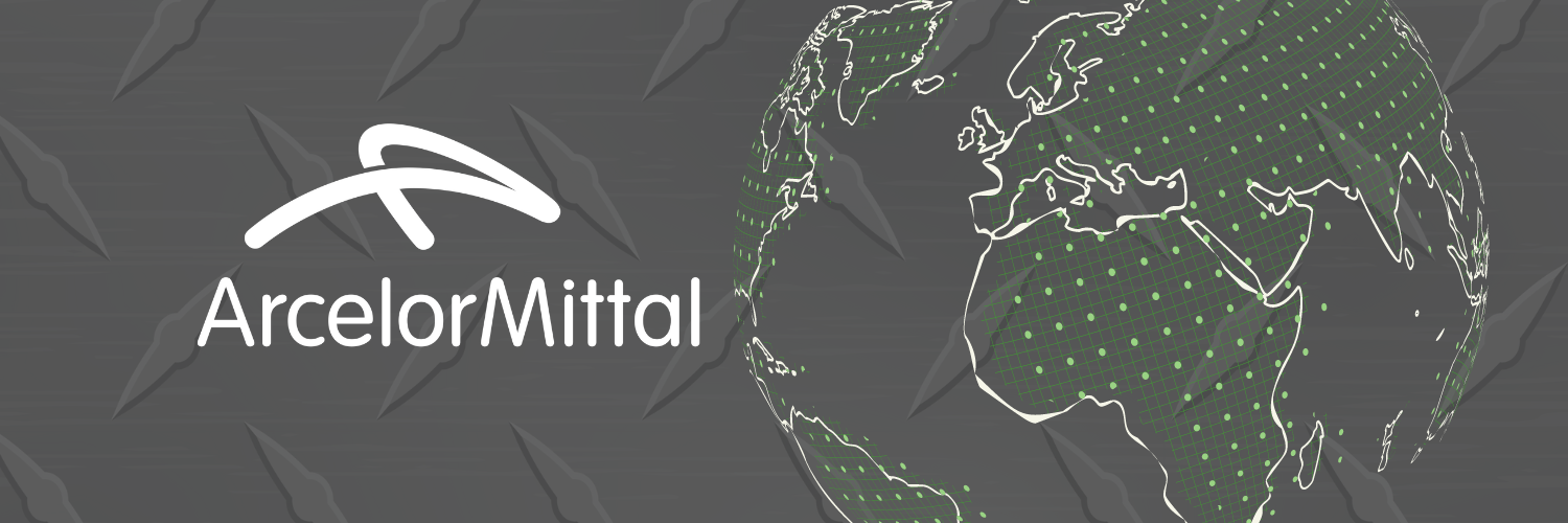 ArcelorMittal logo with a stylized globe featuring digital grid patterns on a gray background.