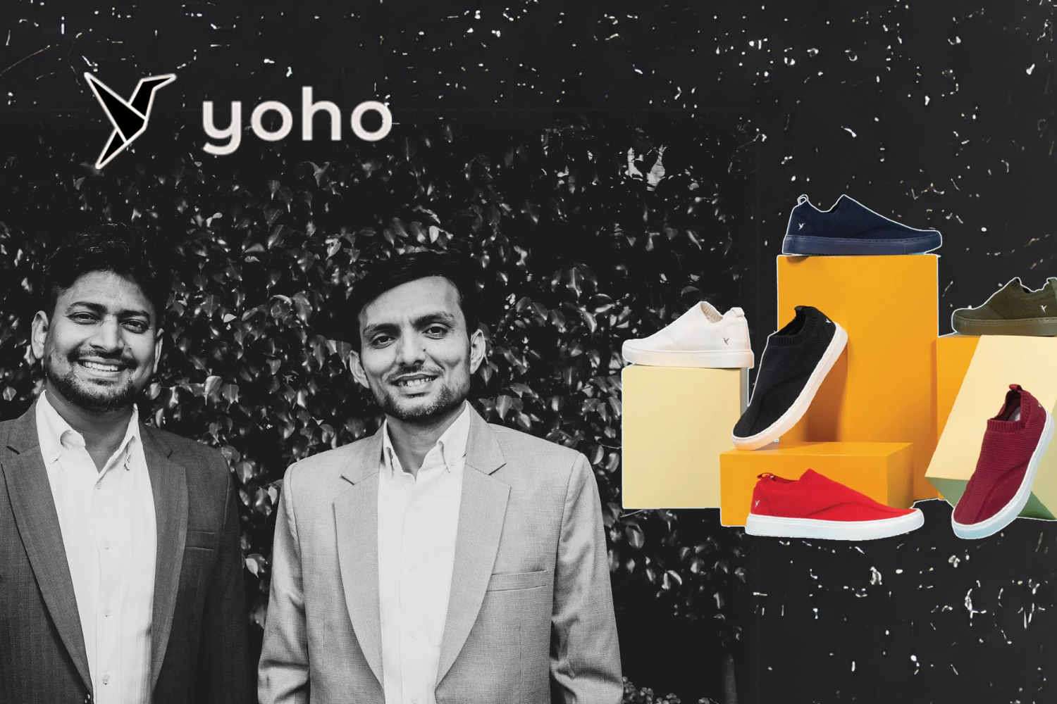 The image shows two men in business attire, smiling while standing in front of a backdrop of leafy greenery. Positioned to the right of them are several brightly colored sneakers displayed on geometric pedestals. Above the image, the "yoho" brand logo is prominently displayed, with a stylized hummingbird symbol.