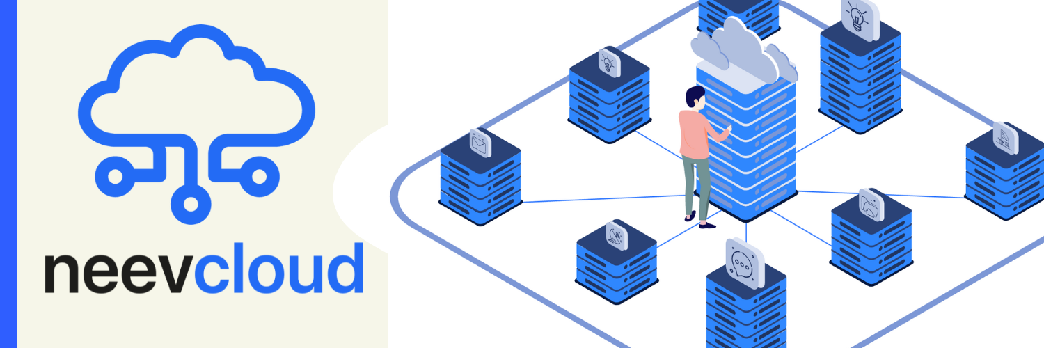 This image features a graphic design banner for "neevcloud". The design includes a central logo that depicts a stylized cloud with circuit-like connections, emphasizing digital or cloud-based technology. The name "neevcloud" appears beside the logo. The background shows a visual representation of a network topology with servers connected by lines, suggesting data interchange or a cloud network infrastructure. A human figure is interacting with one of the servers, indicating user engagement with the technology. The overall color scheme is blue and white, reinforcing a tech-oriented, clean aesthetic.