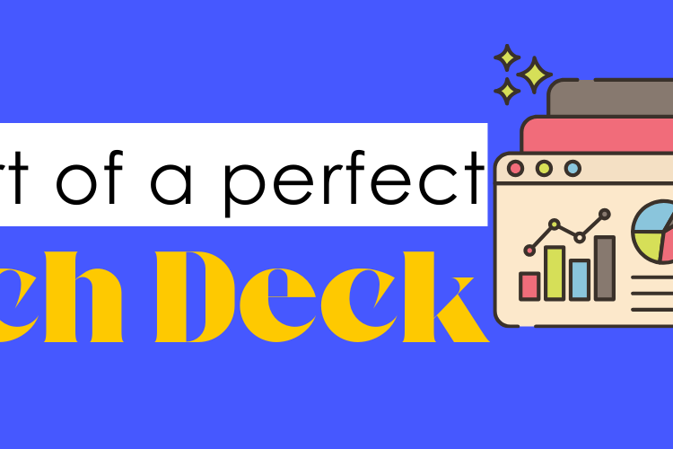 The image shows a digital banner titled "The Art of a perfect Pitch Deck." It features a bright blue background with white polka dots on the right side. On the left, the text is in bold yellow, and there is a graphic of a man looking at a large tablet or display screen, which illustrates various charts and data, indicating elements of a pitch deck. The overall design is sleek and modern, aimed at capturing attention for the subject of creating effective business presentations.