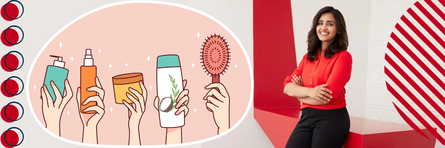 The image is a promotional banner featuring two segments. On the left, there is a stylized illustration of various skincare products being held up by human hands against a pale pink background with star accents, suggesting a focus on beauty and wellness products. On the right, a portrait of a confident Indian woman in a red blouse and black pants, standing with crossed arms and smiling, set against a geometric red and white background. This design likely represents the leadership behind the skincare brand, emphasizing both the product line and the entrepreneurial spirit.