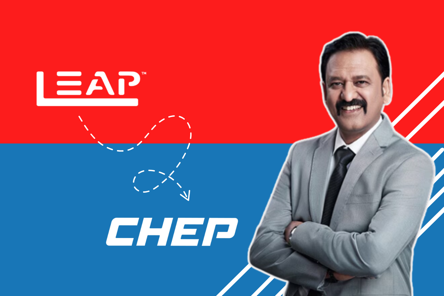 A business professional wearing a grey suit stands confidently with folded arms. The background is divided into two colors—red (top) and blue (bottom)—with the logos "LEAP" and "CHEP." A dashed arrow connects the two logos, symbolizing progress or transition.