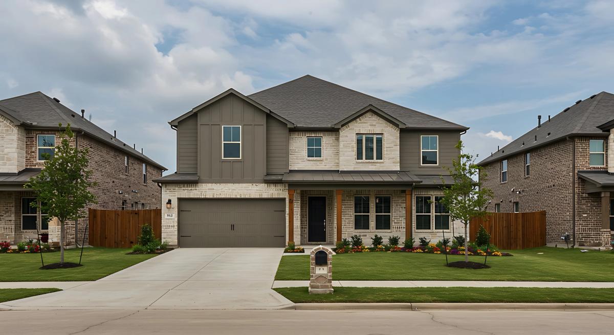 Brand new two story residential house in suburban American neighborhood at Humble, Texas, US. Newly constructed, freshly built modern home with landscaped yard