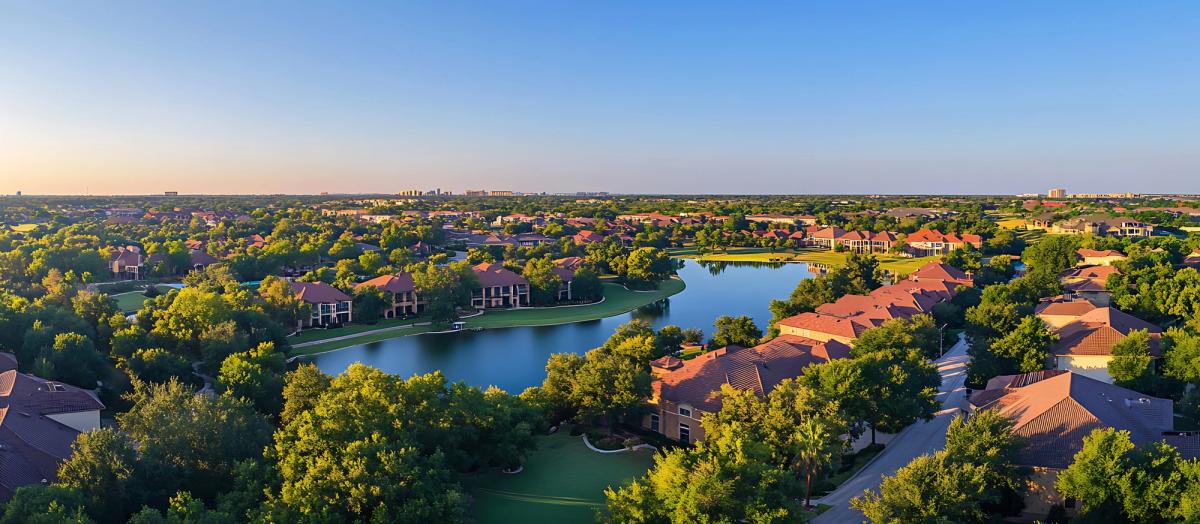Luxurious suburban homes lakefront community aerial view