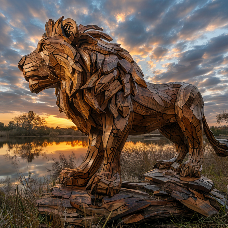 Lion en bois et acier