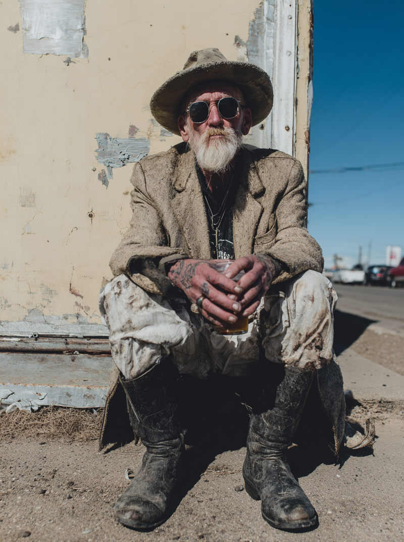 monertov A fashion photoshoot of an old train hobo drinking a 5f28fb35 dbeb 451a 9627 696ca79ca878 3