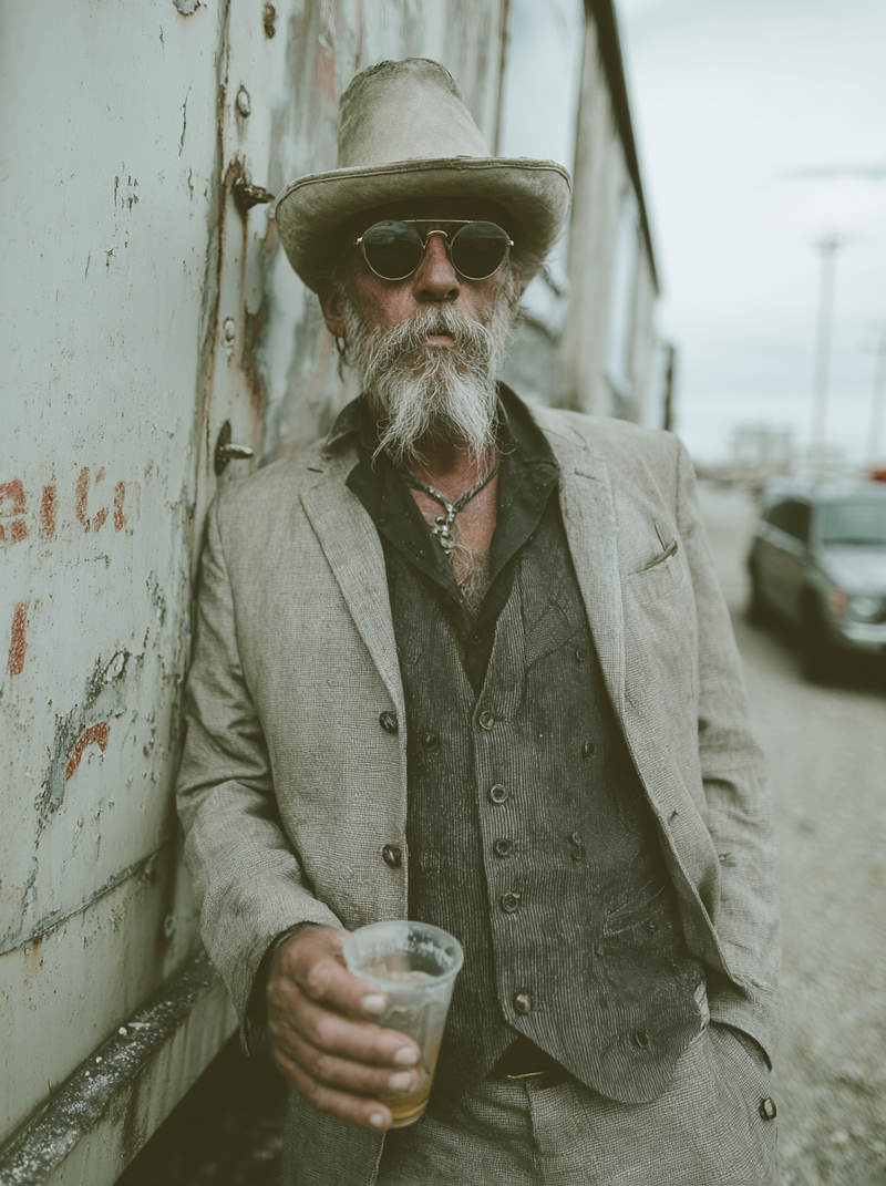 monertov A fashion photoshoot of an old train hobo drinking a dde09f88 47d6 4ff8 8e31 2e05ae3e27c7 3