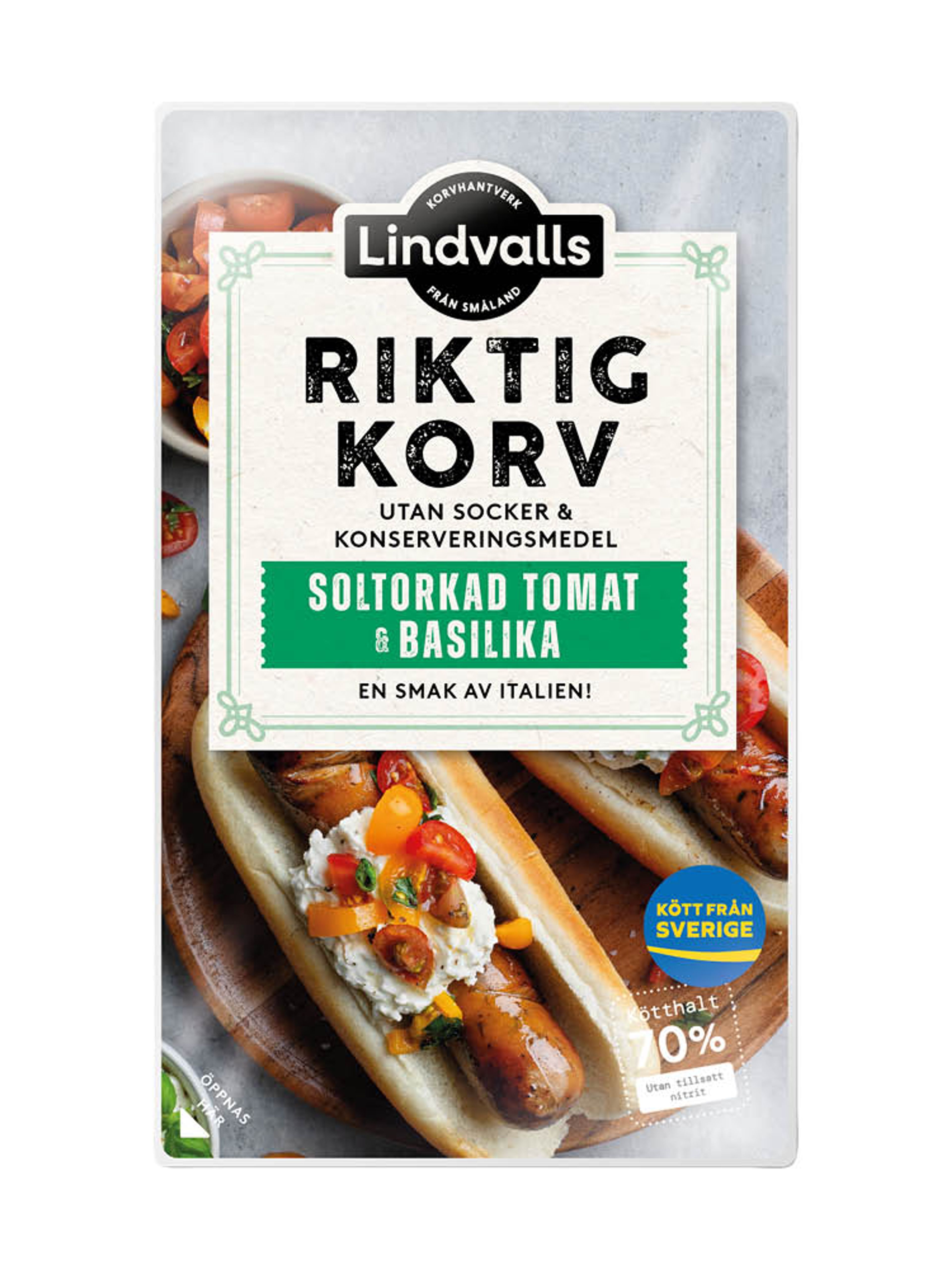 Produktbild som visar Riktig Korv Soltorkad Tomat & Basilika från Lindvalls