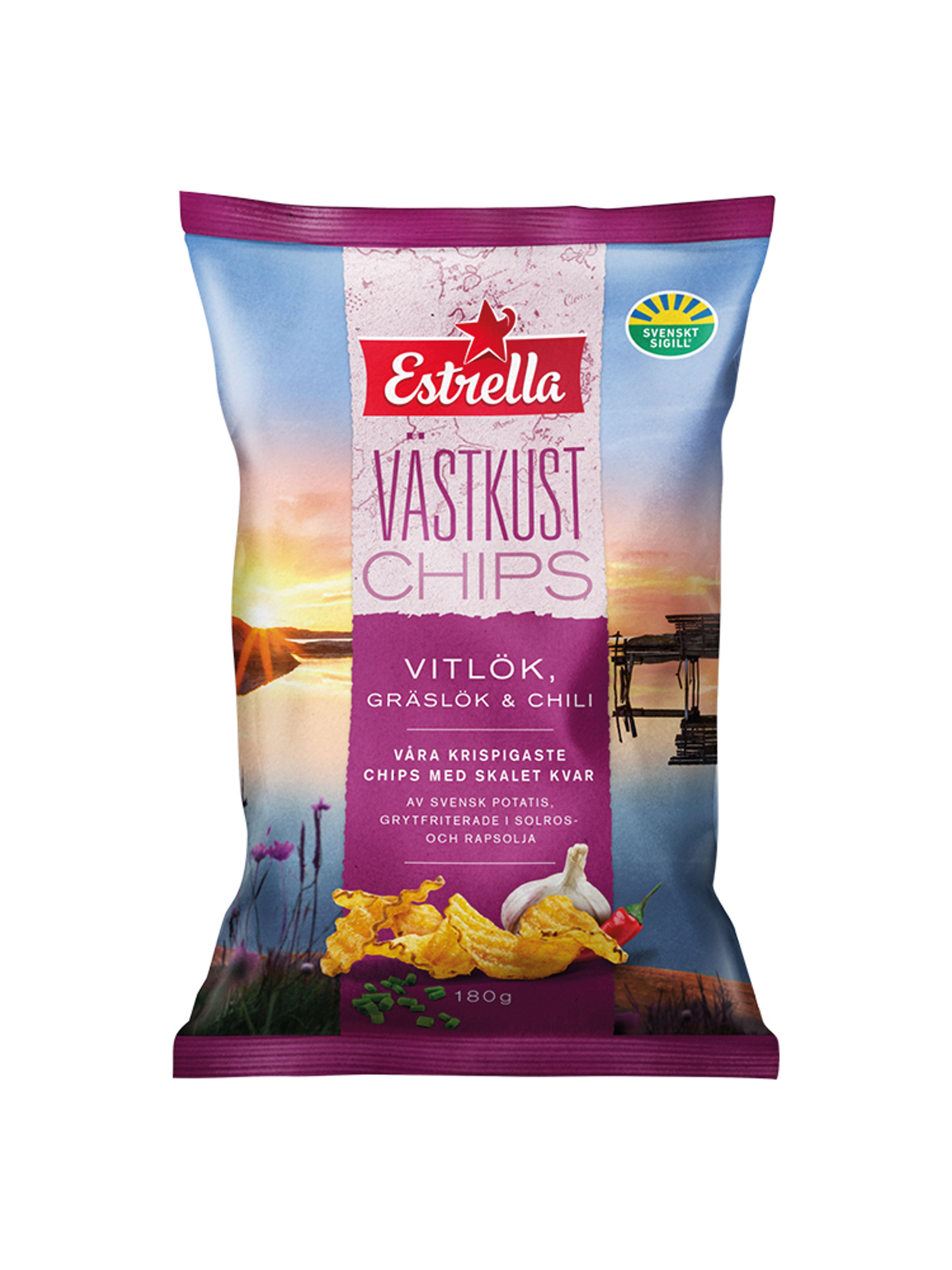 Produktbild som visar Västkustchips Vitlök, Gräslök & Chili från Estrella