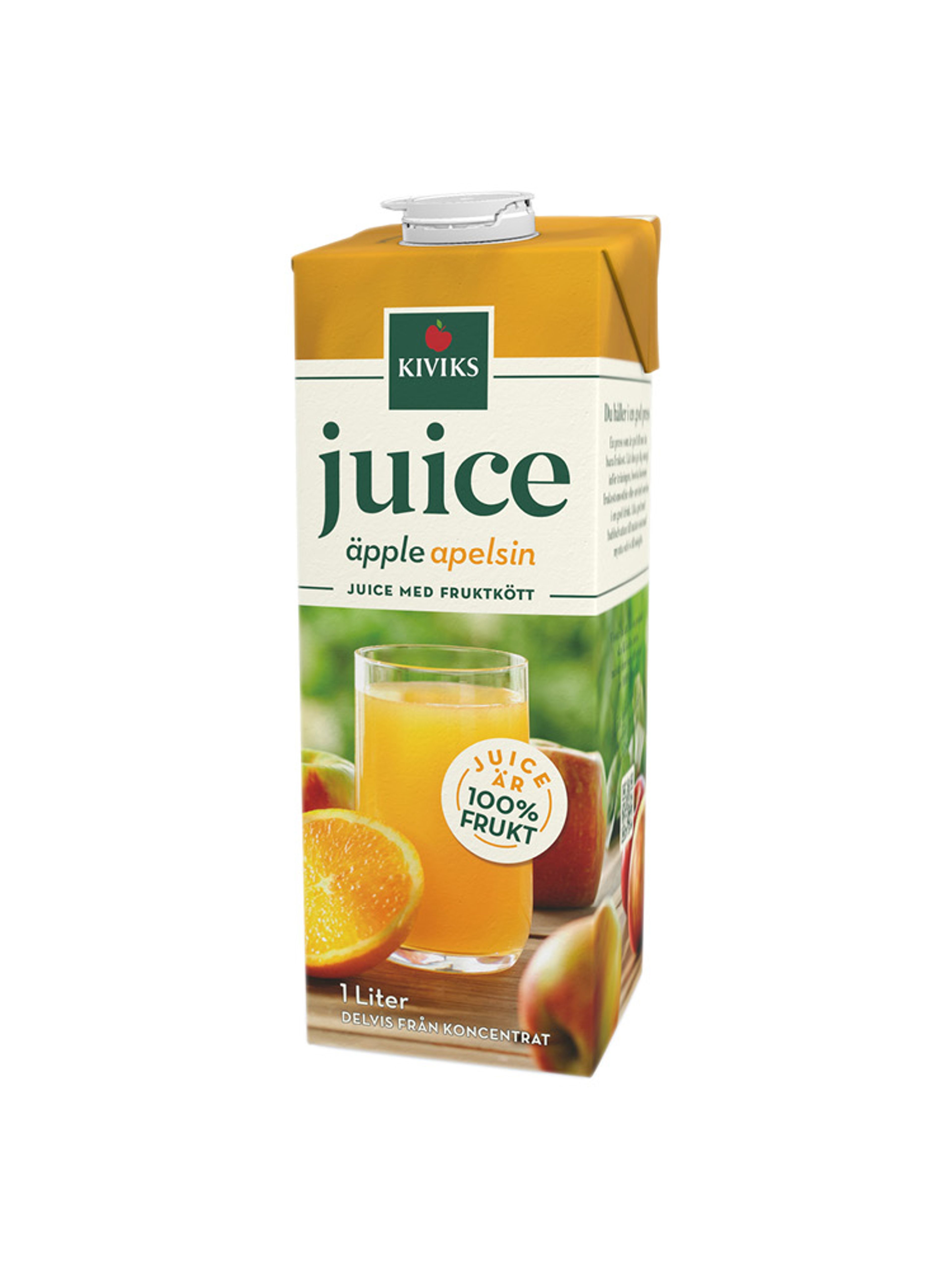 Produktbild som visar Äpple och Apelsinjuice med fruktkött från Kiviks Musteri