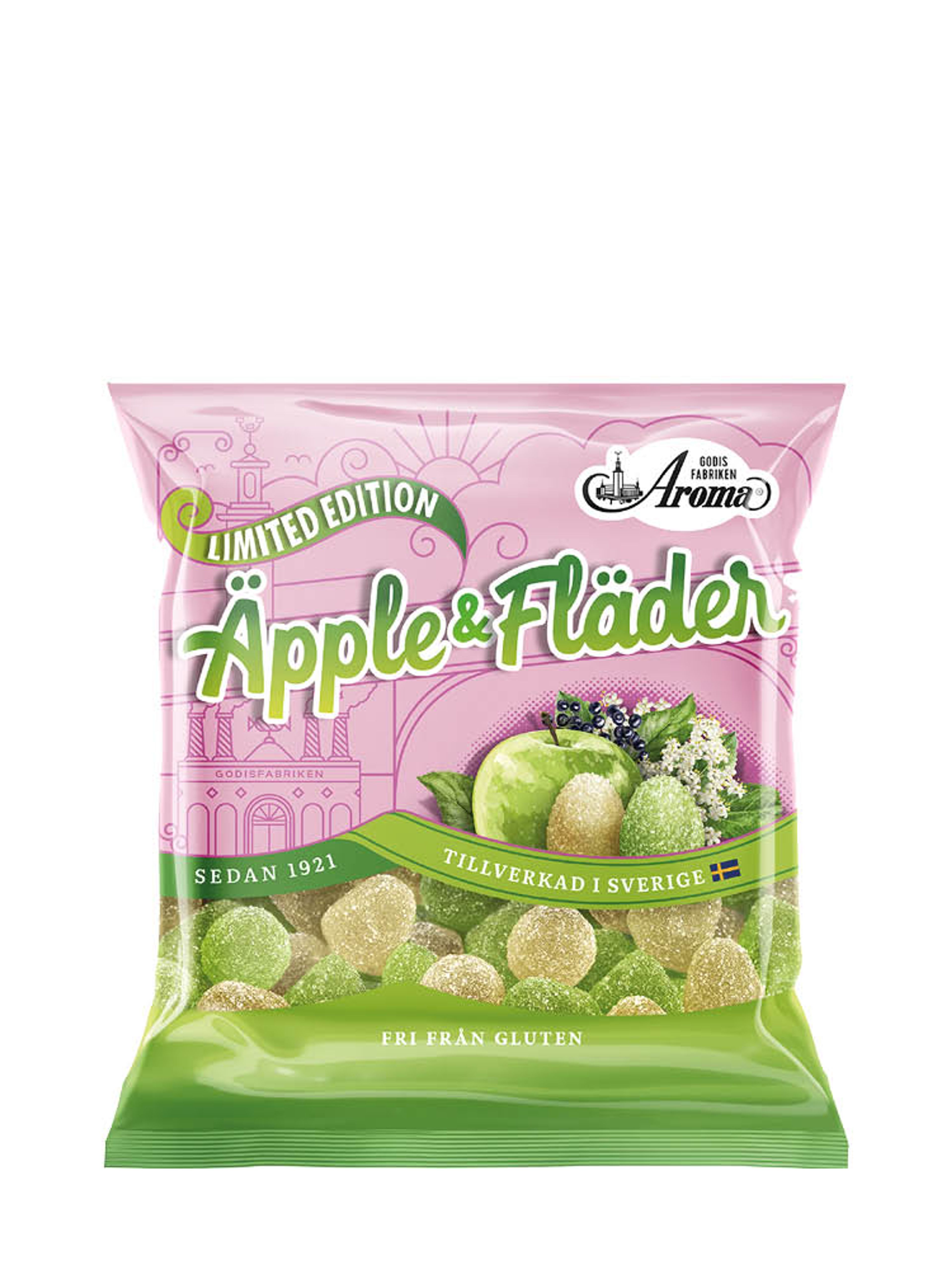 Produktbild som visar Äpple & Fläder Geléhallon från Aroma