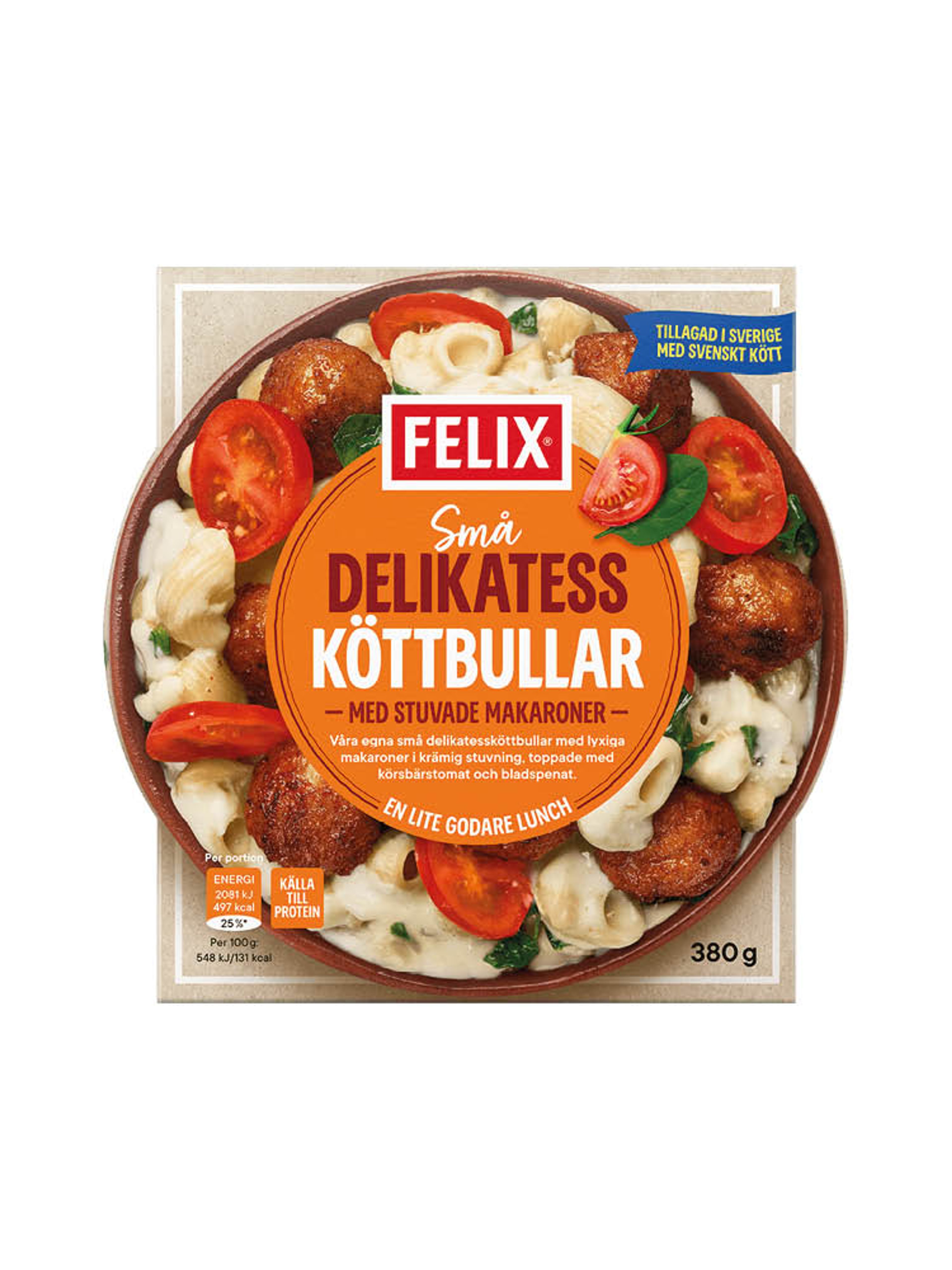 Produktbild som visar Små delikatessköttbullar med stuvade makaroner från Felix