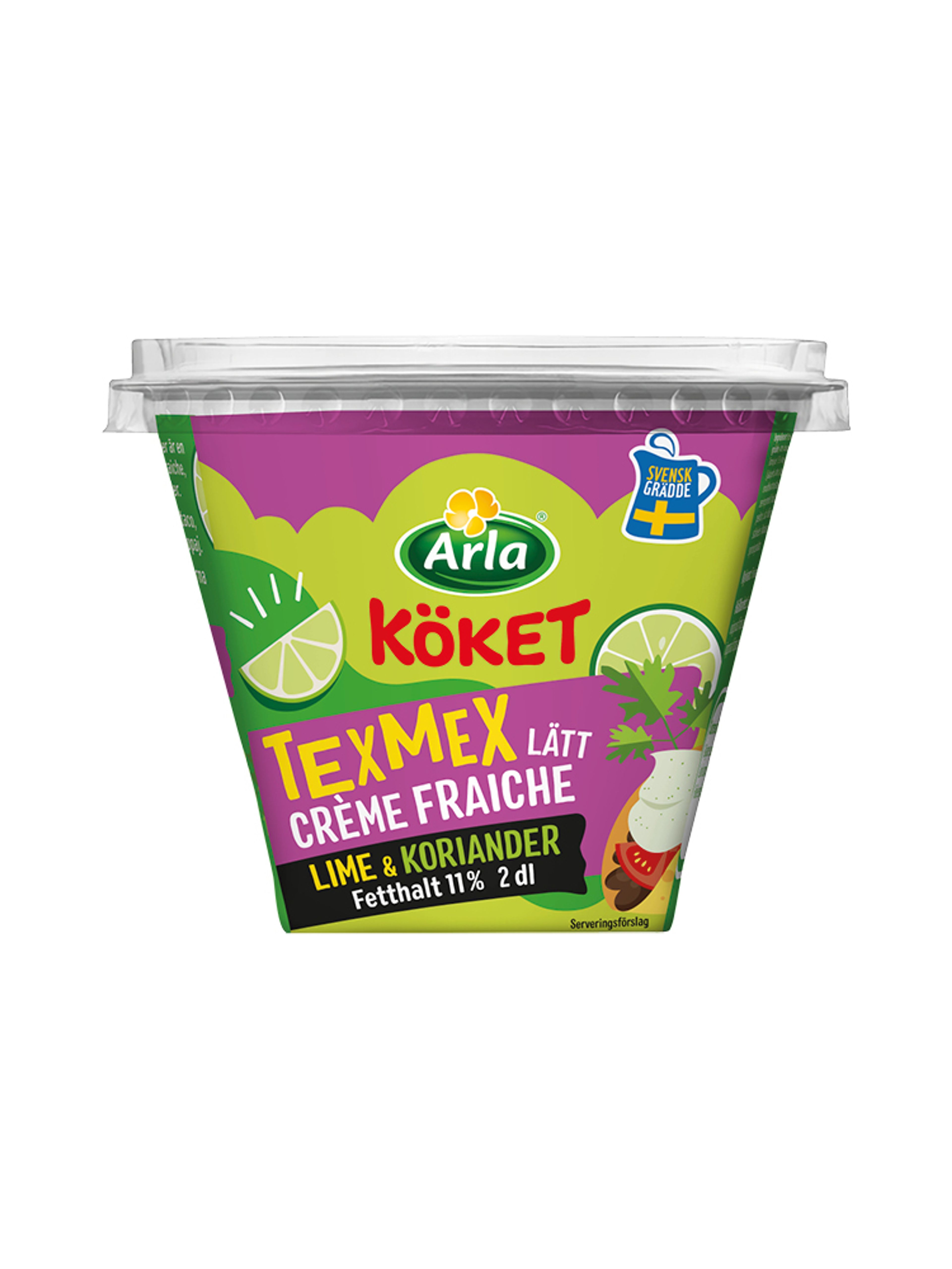 Produktbild som visar Smaksatt Lätt Crème Fraiche Texmex Lime & koriander från Arla Köket®