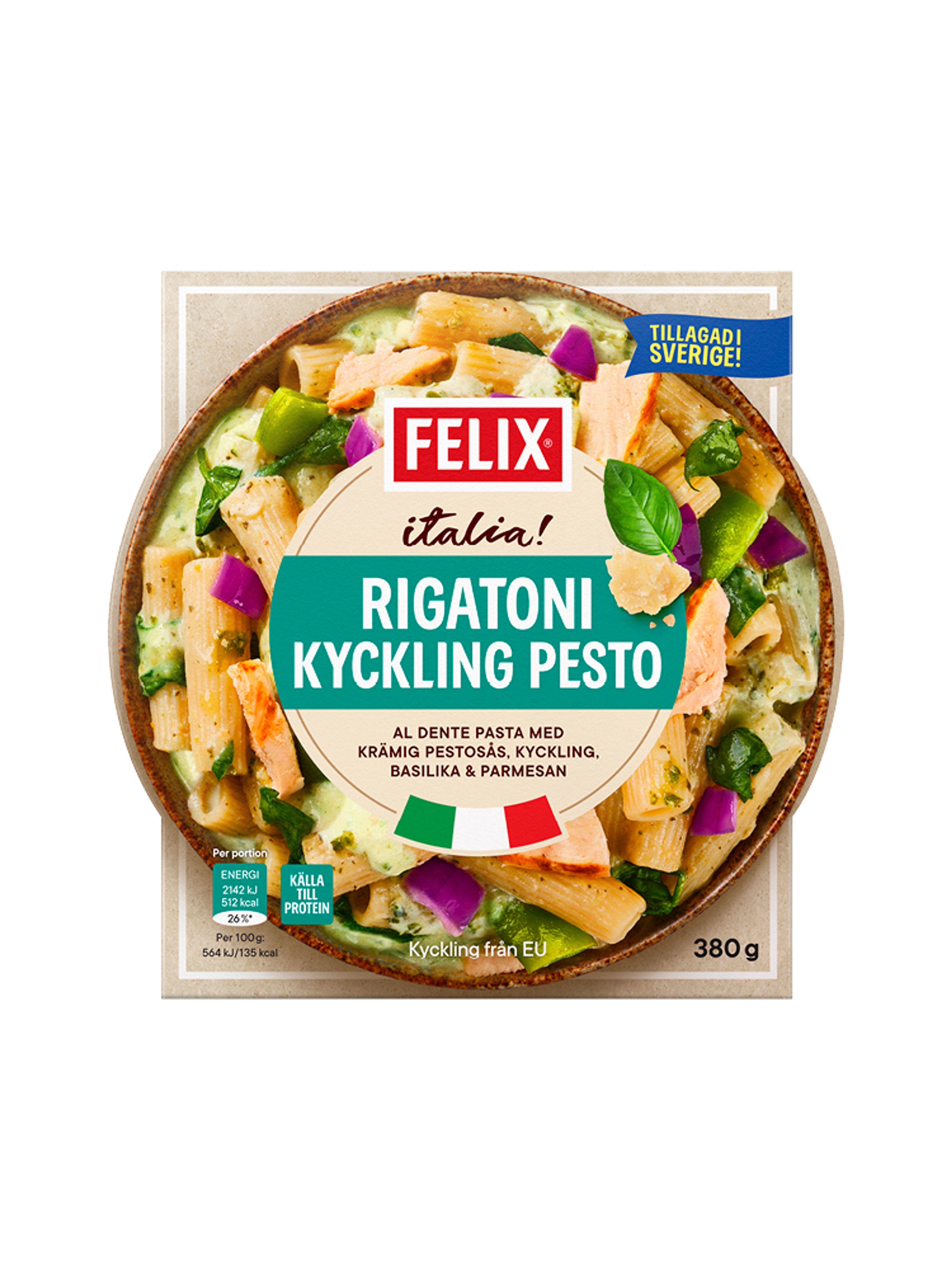 Produktbild som visar Italia Rigatoni Kyckling Pesto från Felix
