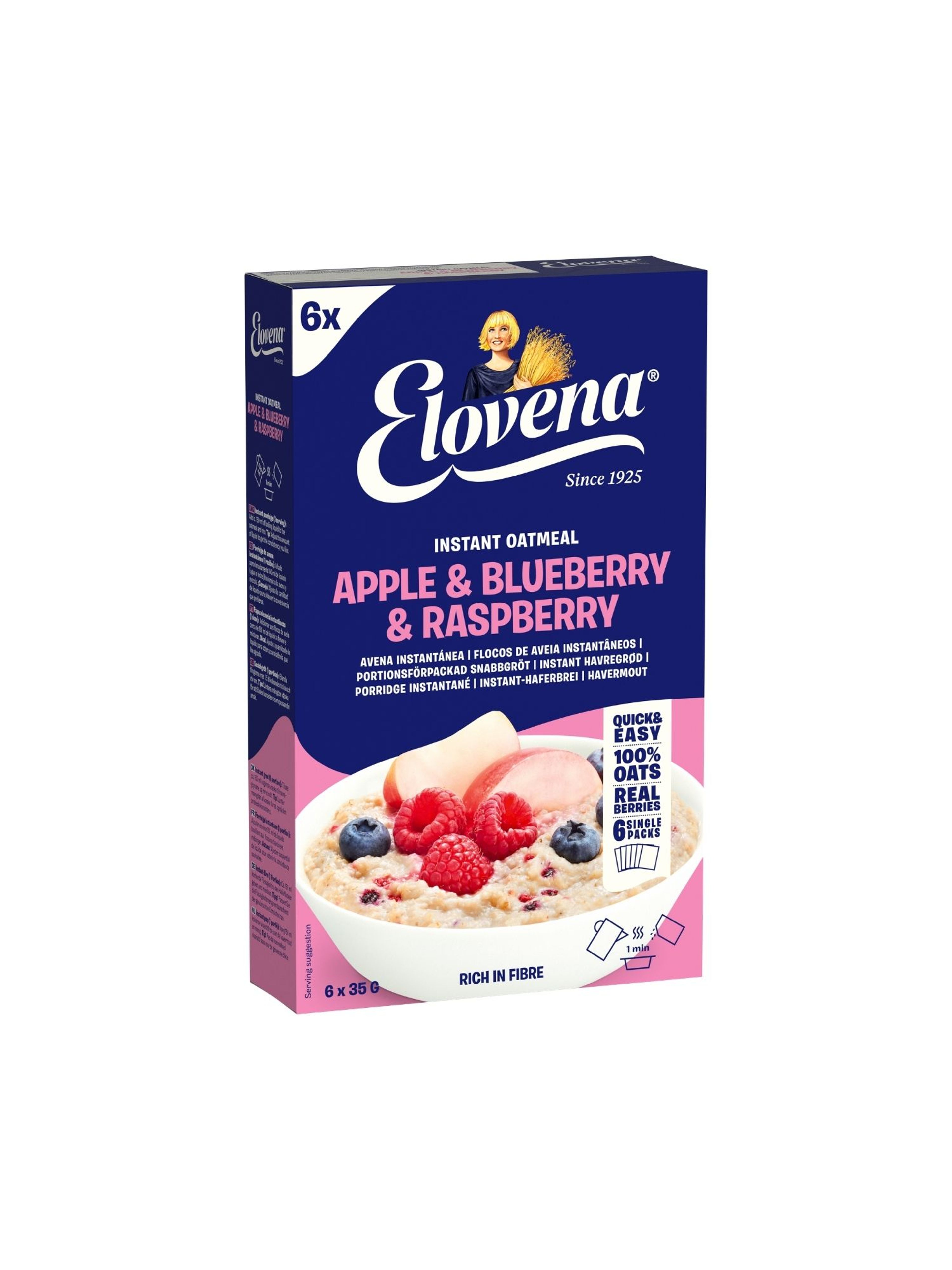 Produktbild som visar Havregrynsgröt Äpple/Blåbär/Hallon från Elovena