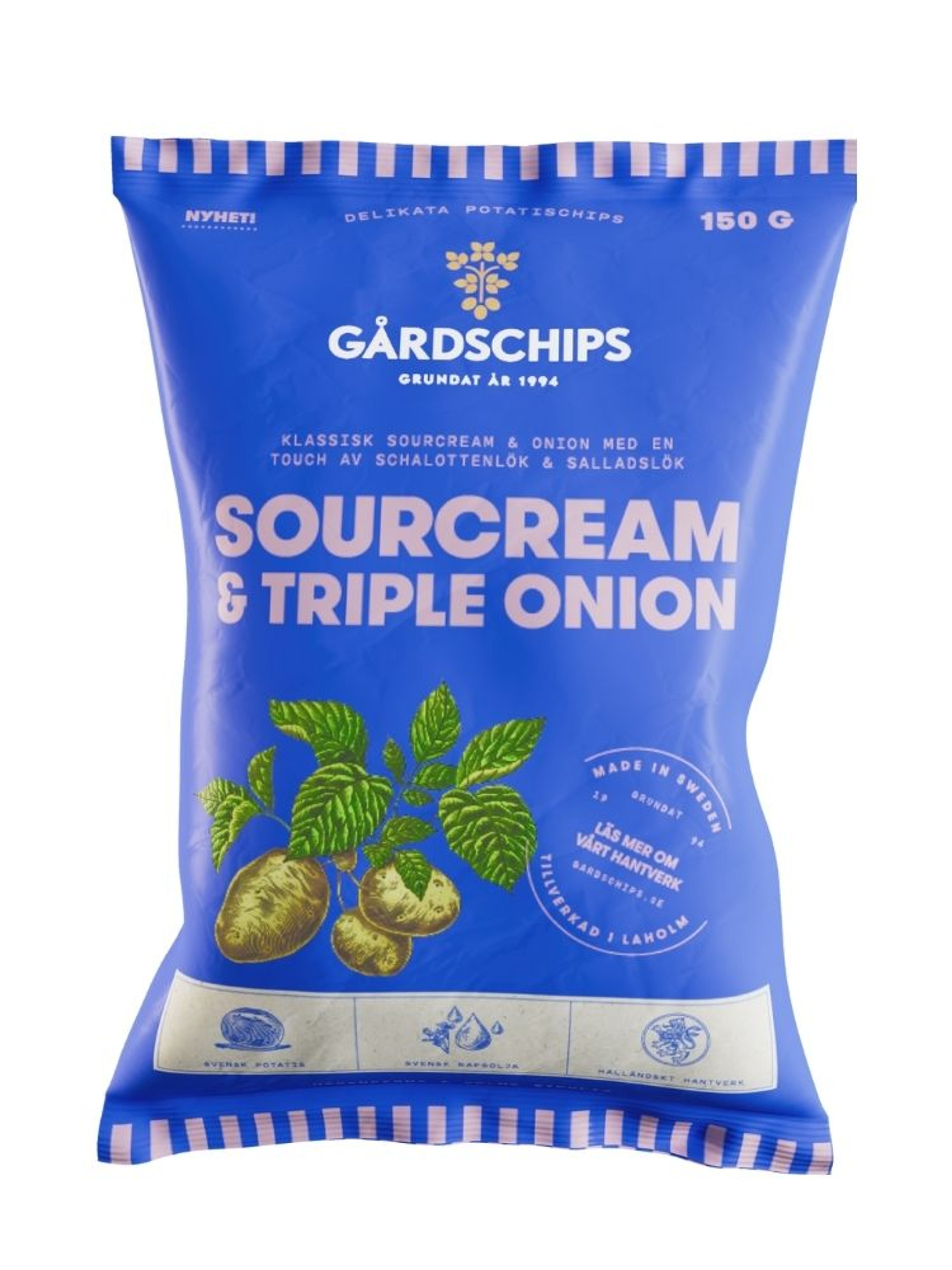 Produktbild som visar Sourcream & triple onion från Gårdschips