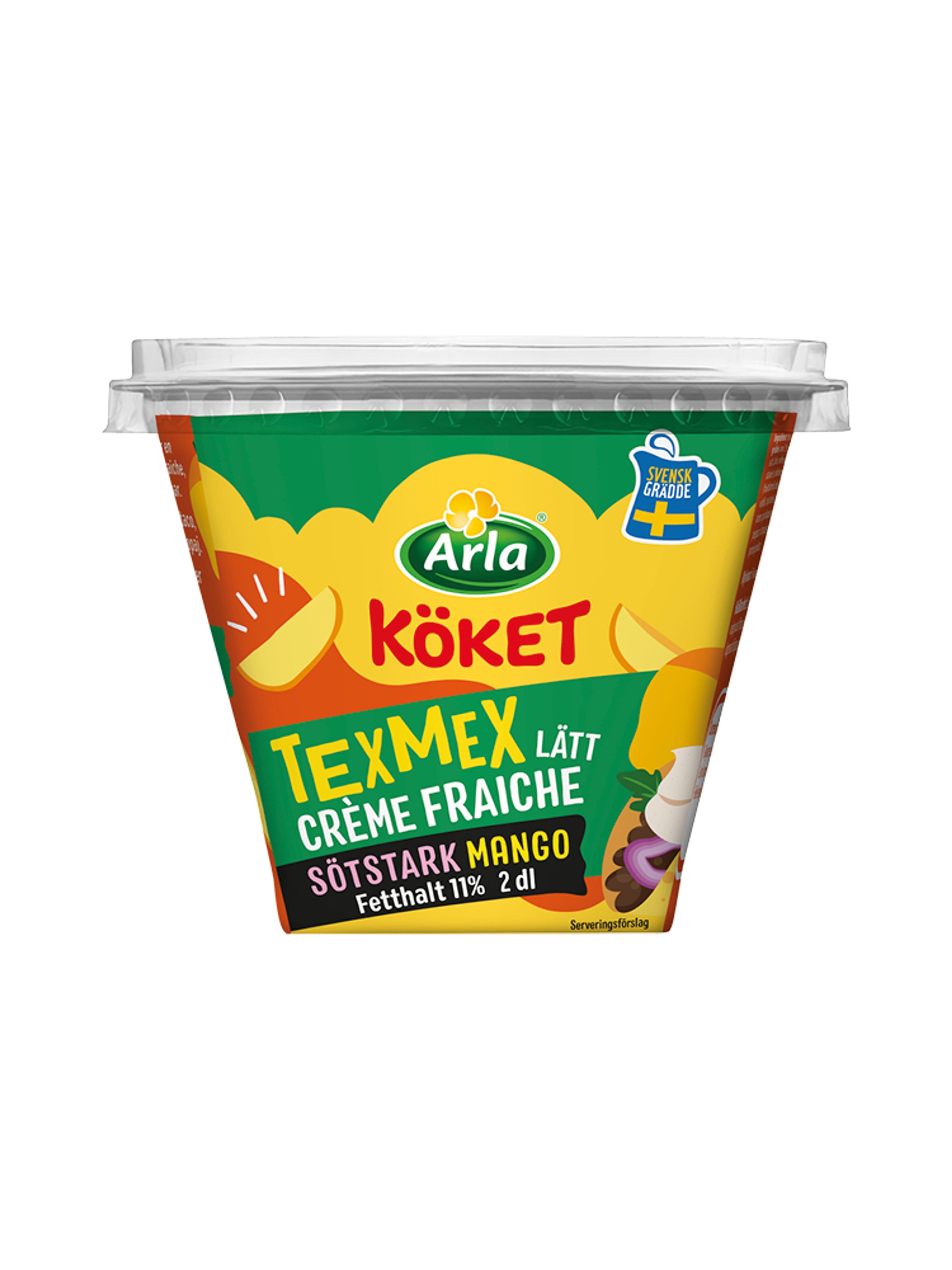 Produktbild som visar Smaksatt Lätt Crème Fraiche Texmex Het Mango från Arla Köket®