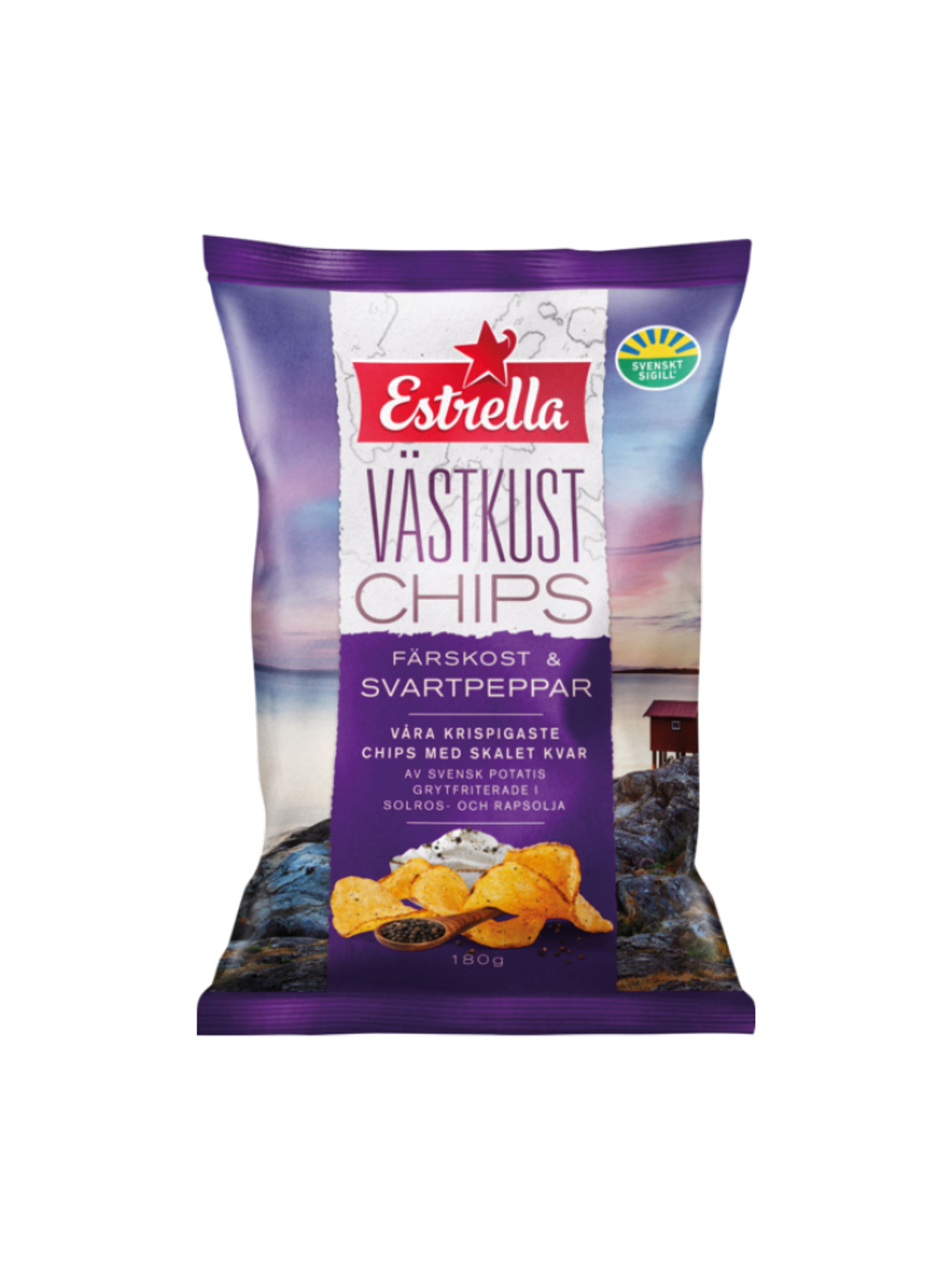 Produktbild som visar Västkustchips Färskost & Svartpeppar från Estrella