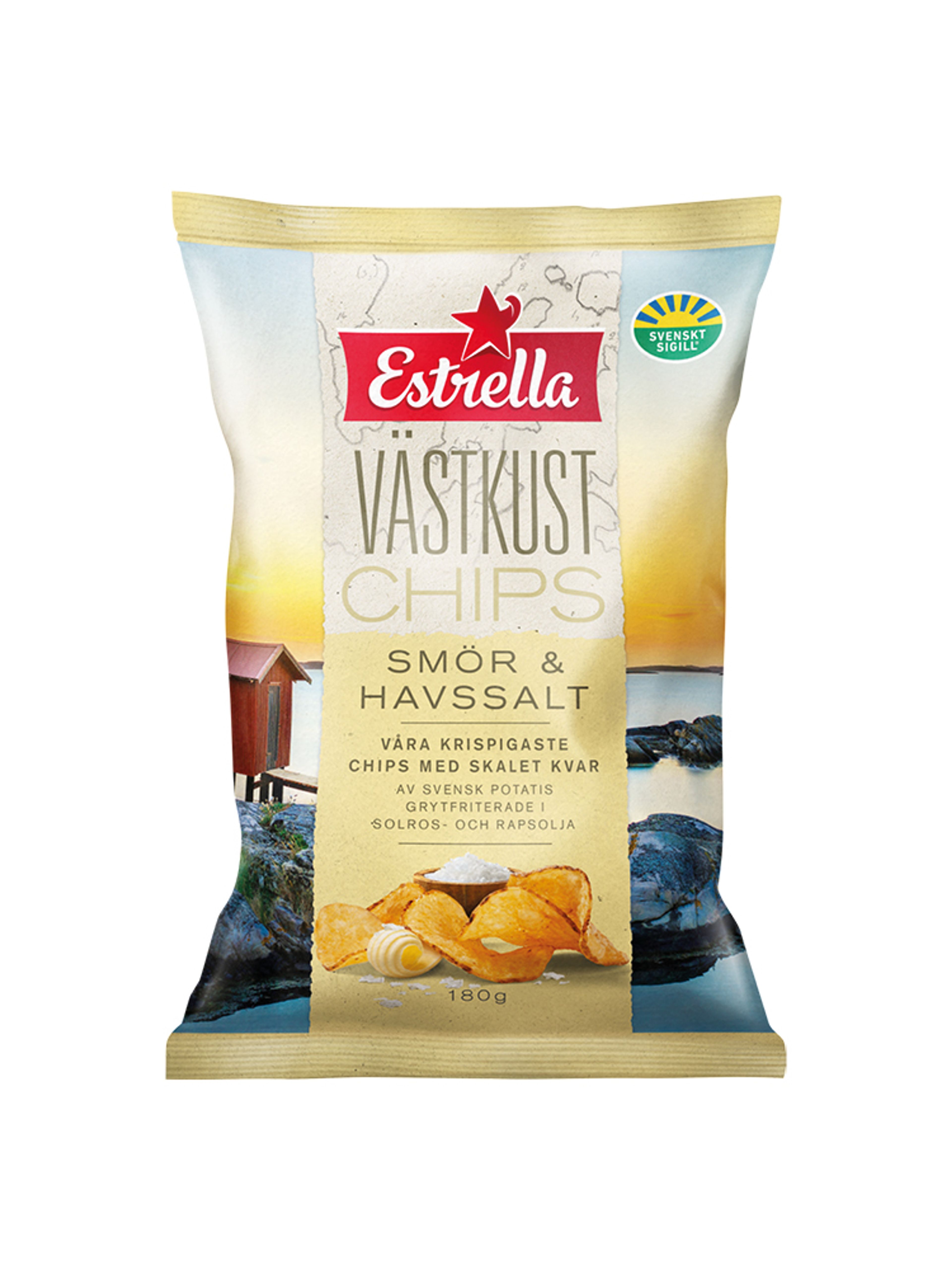 Produktbild som visar Västkustchips Smör & Havssalt från Estrella