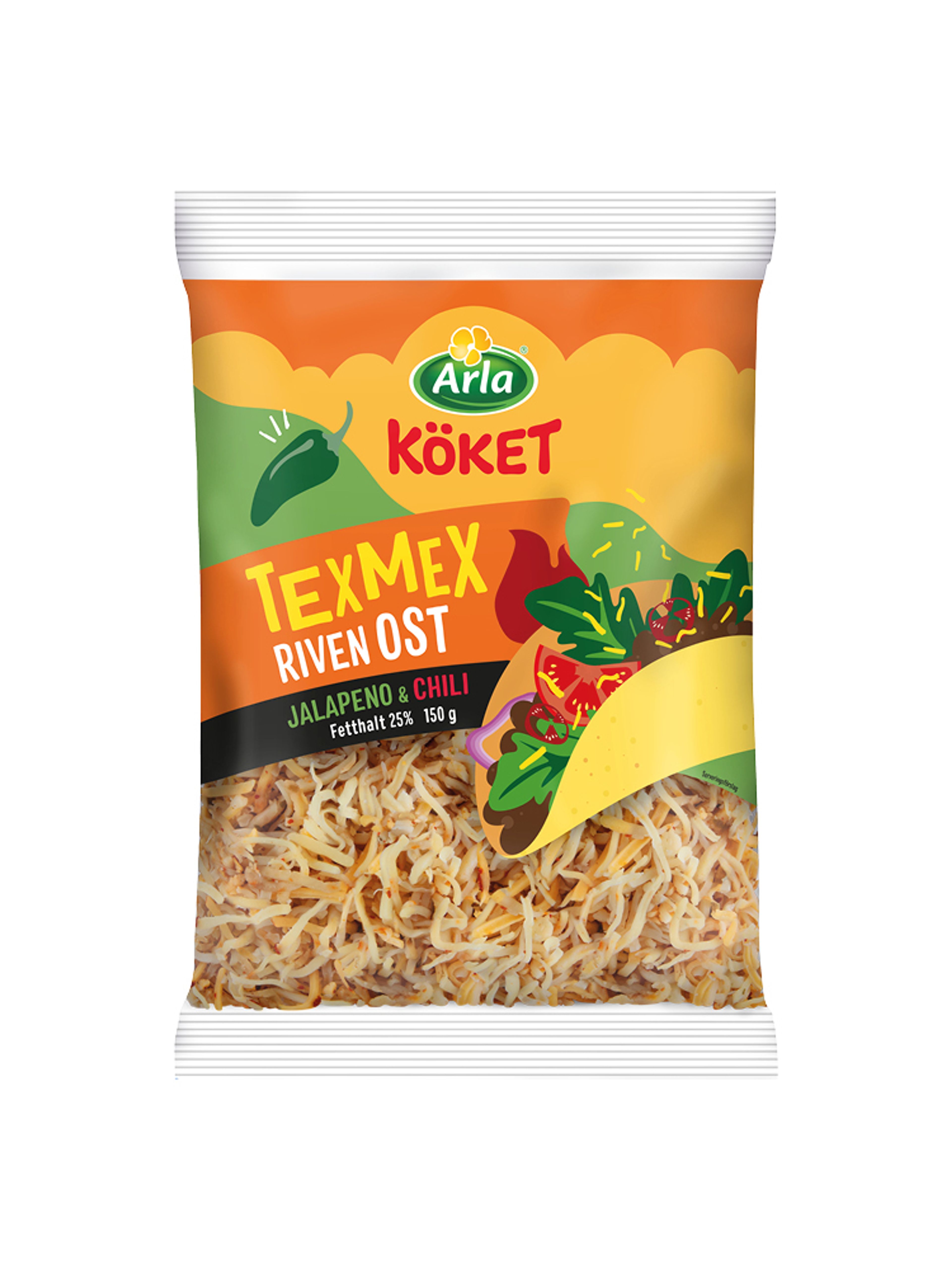 Produktbild som visar Riven ost Texmex Jalapeno & Chili från Arla Köket®