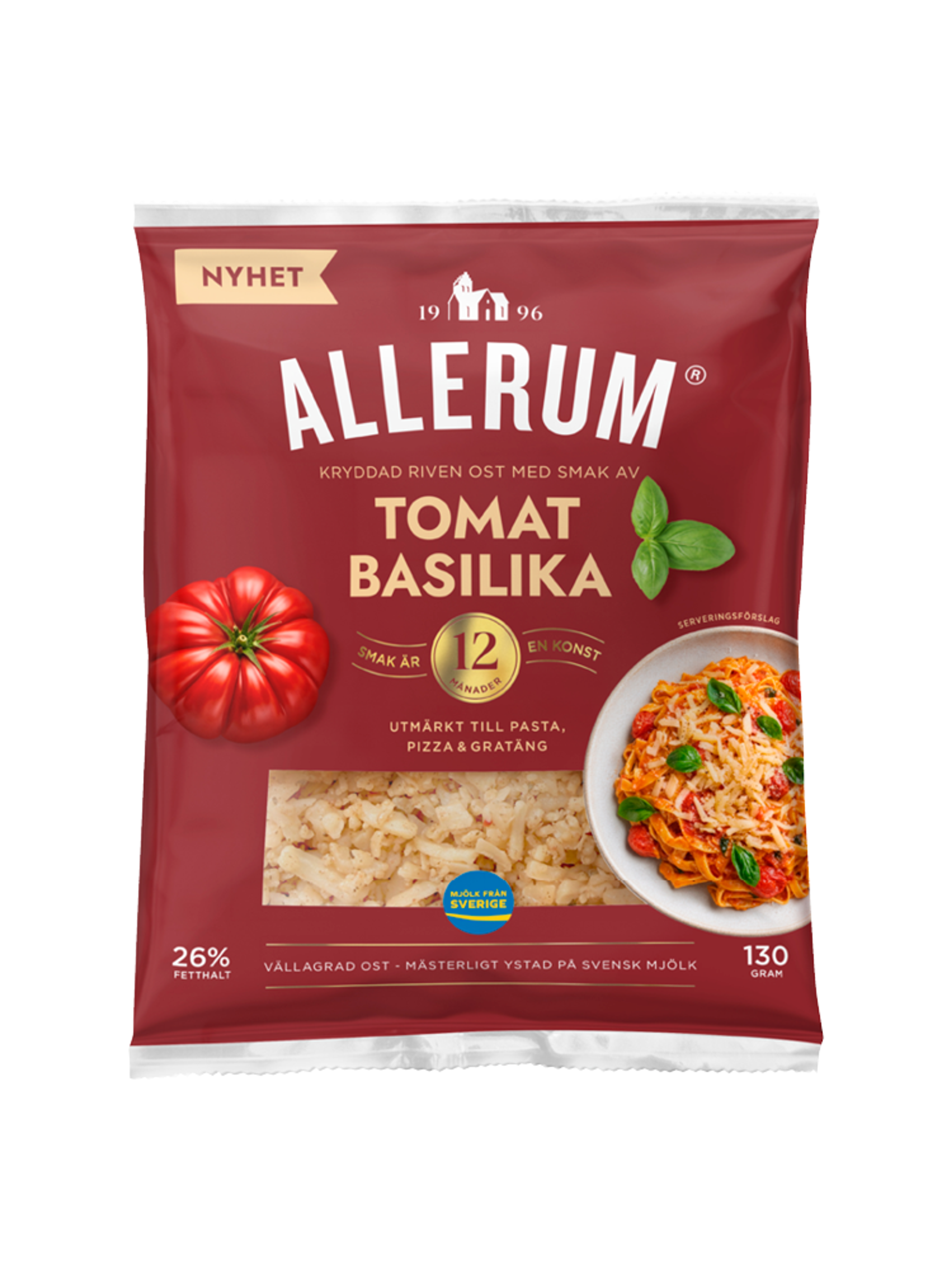 Produktbild som visar Riven ost - Tomat & Basilika från Allerum