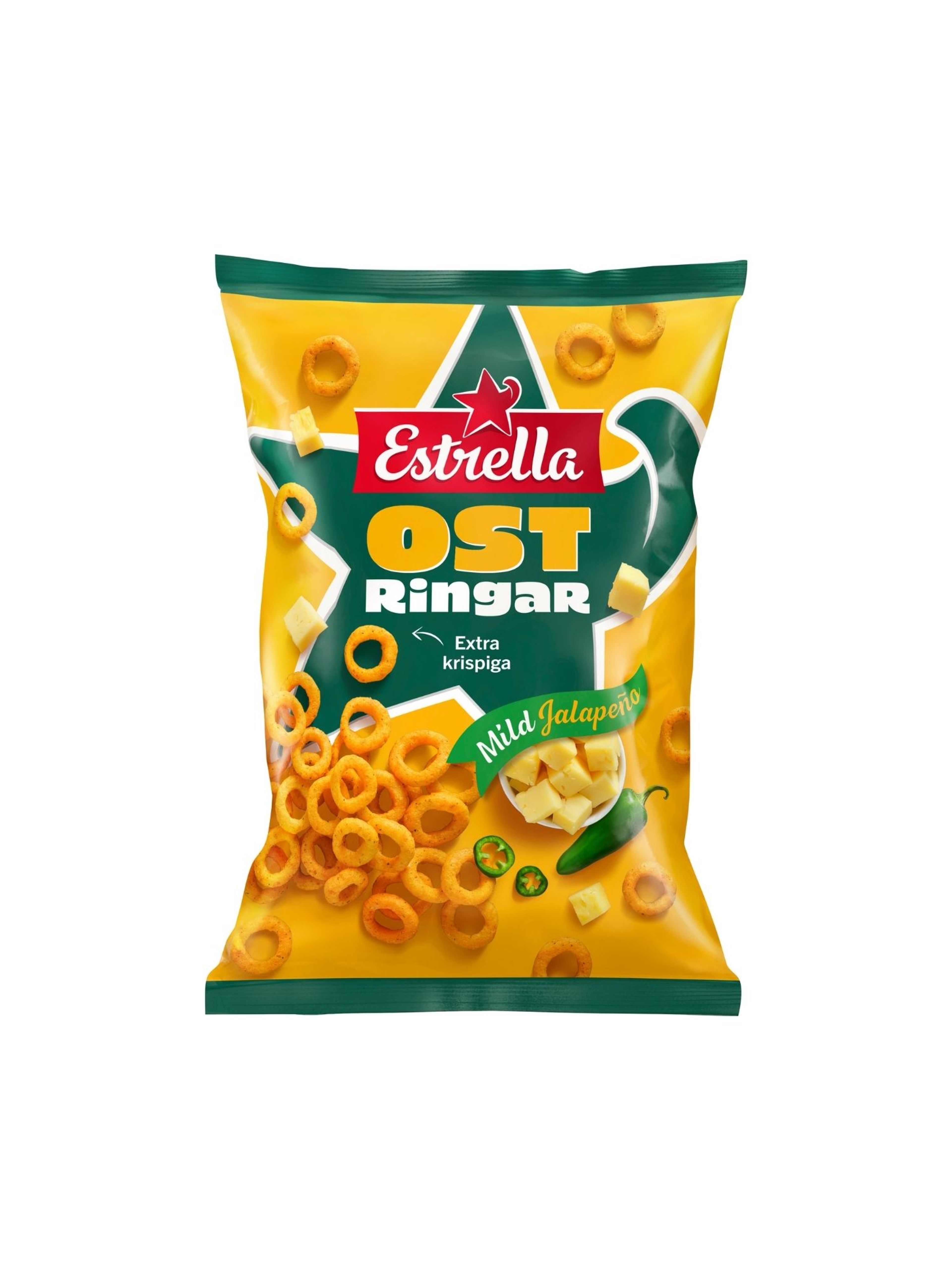 Produktbild som visar Ostringar Mild Jalapeño från Estrella