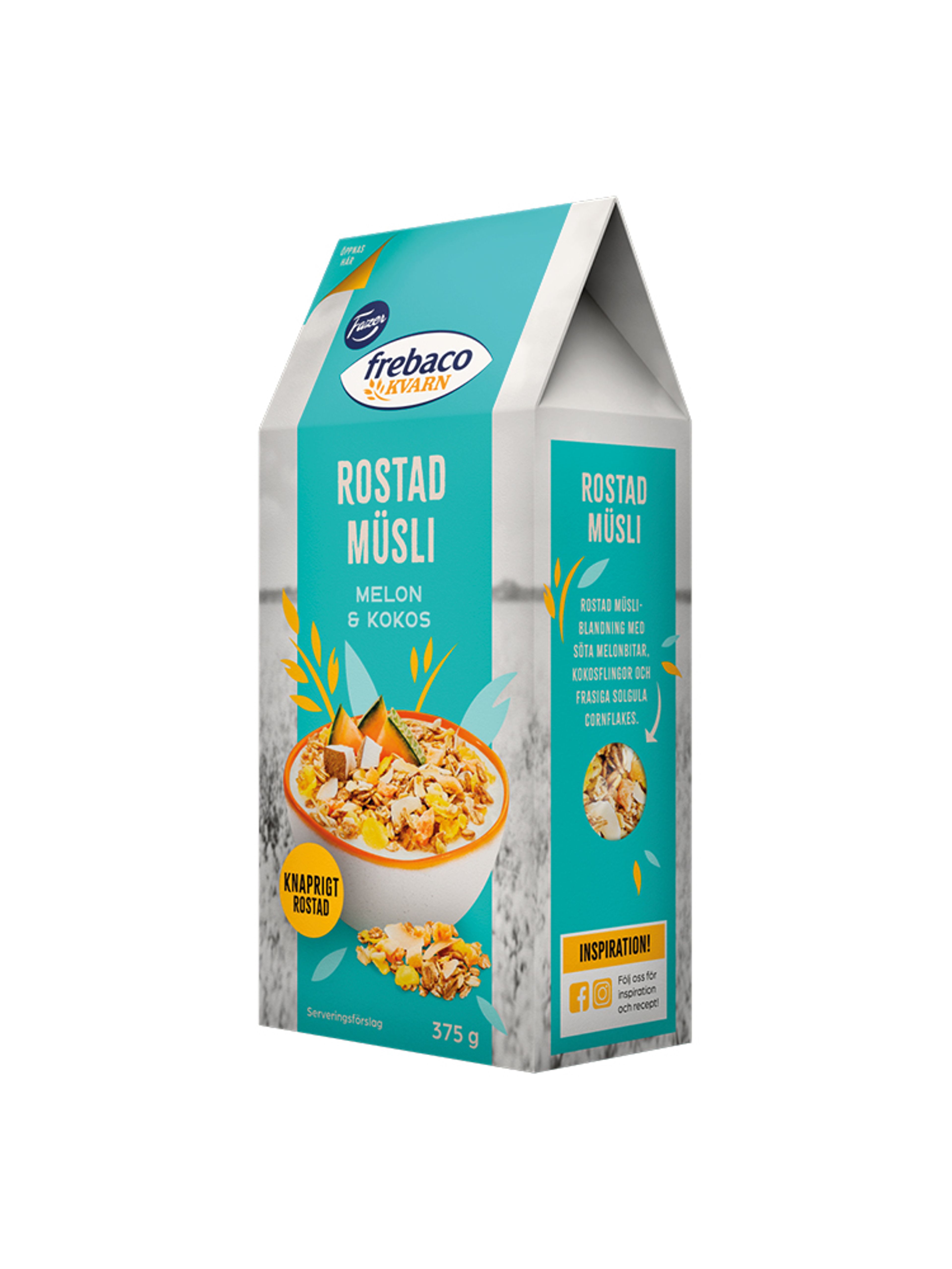 Produktbild som visar Rostad Müsli Melon & Kokos från Frebaco Kvarn