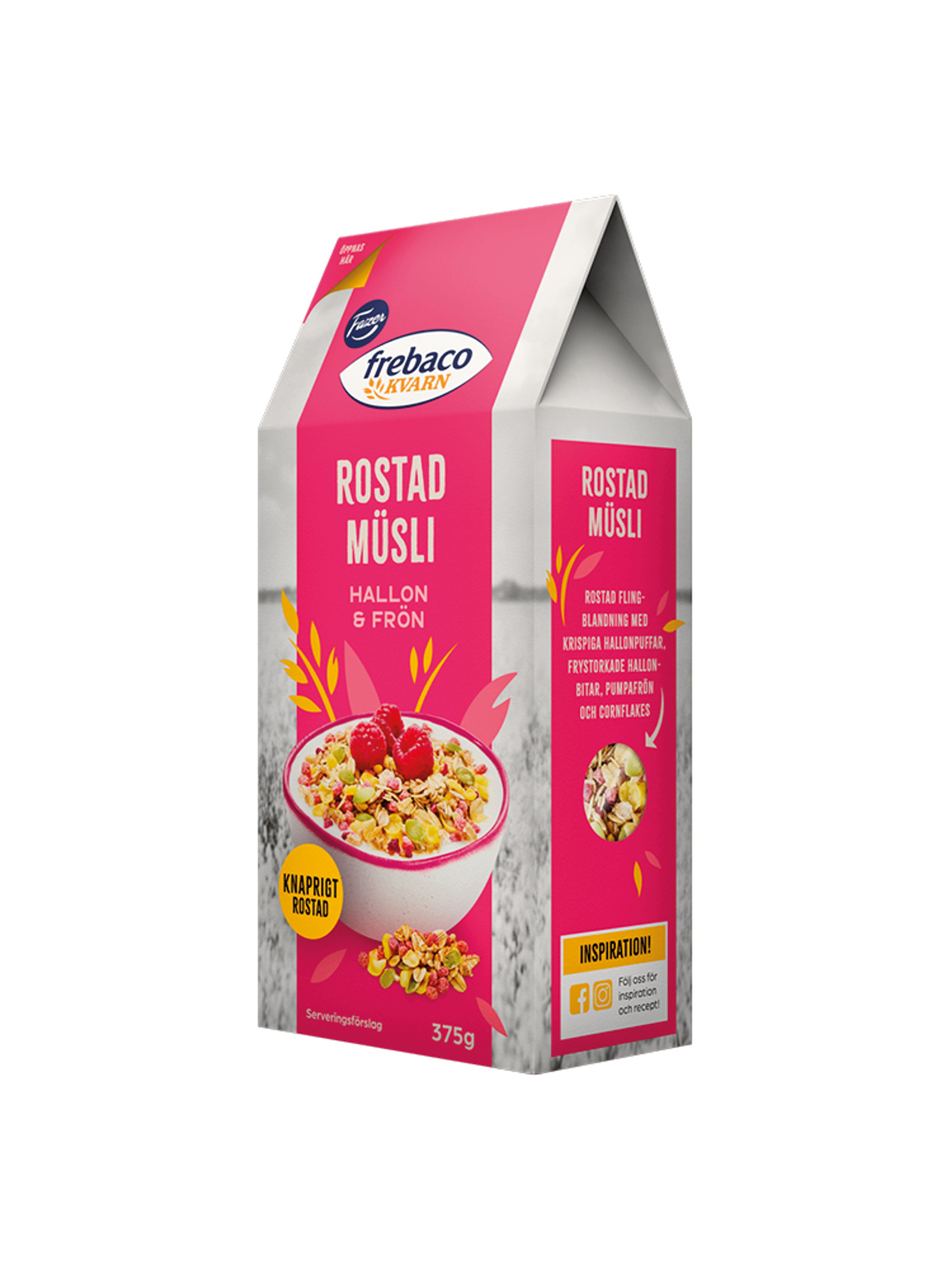 Produktbild som visar Rostad Müsli Hallon & Frön från Frebaco Kvarn