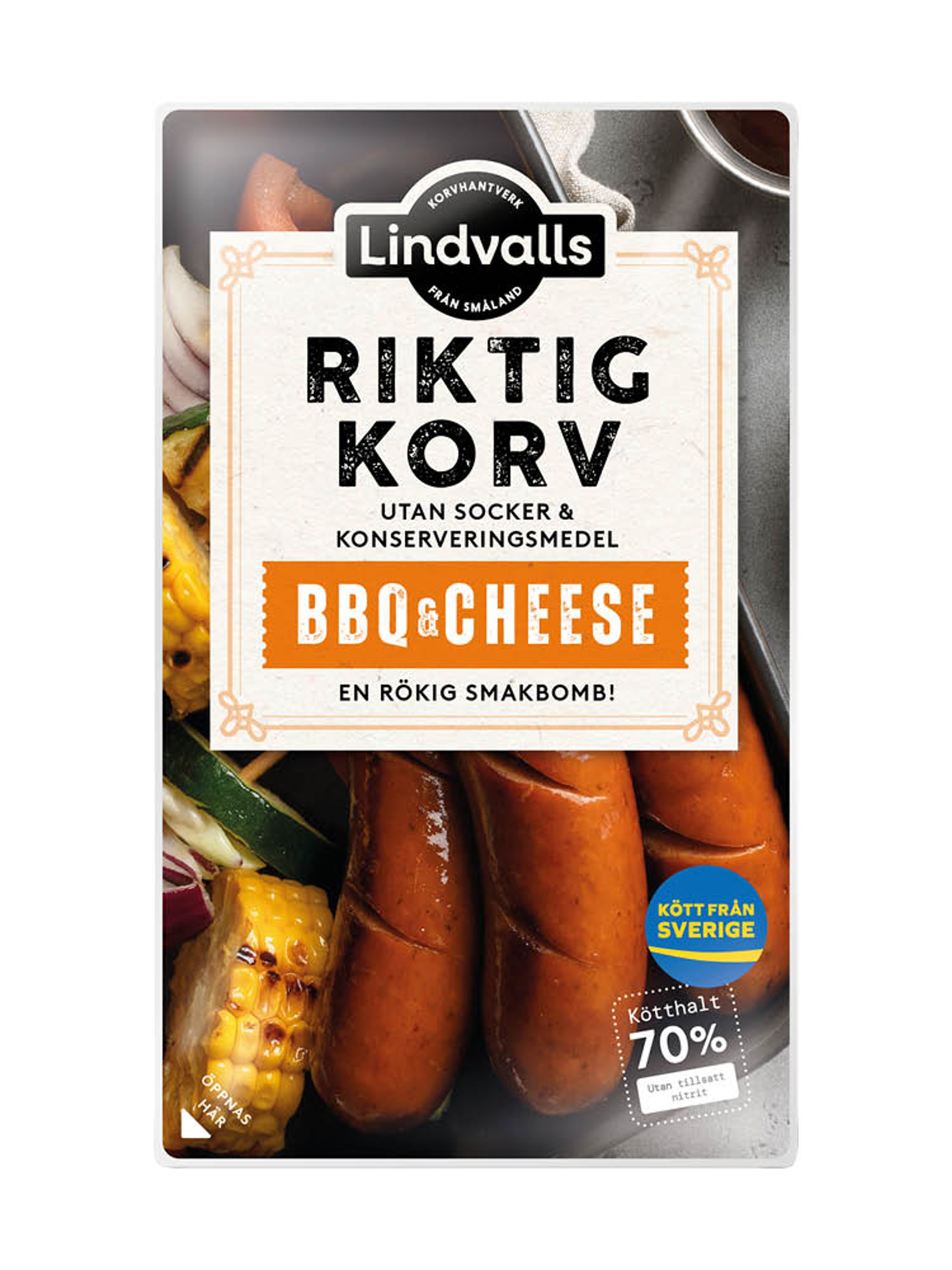Produktbild som visar Riktig Korv BBQ & Cheese från Lindvalls
