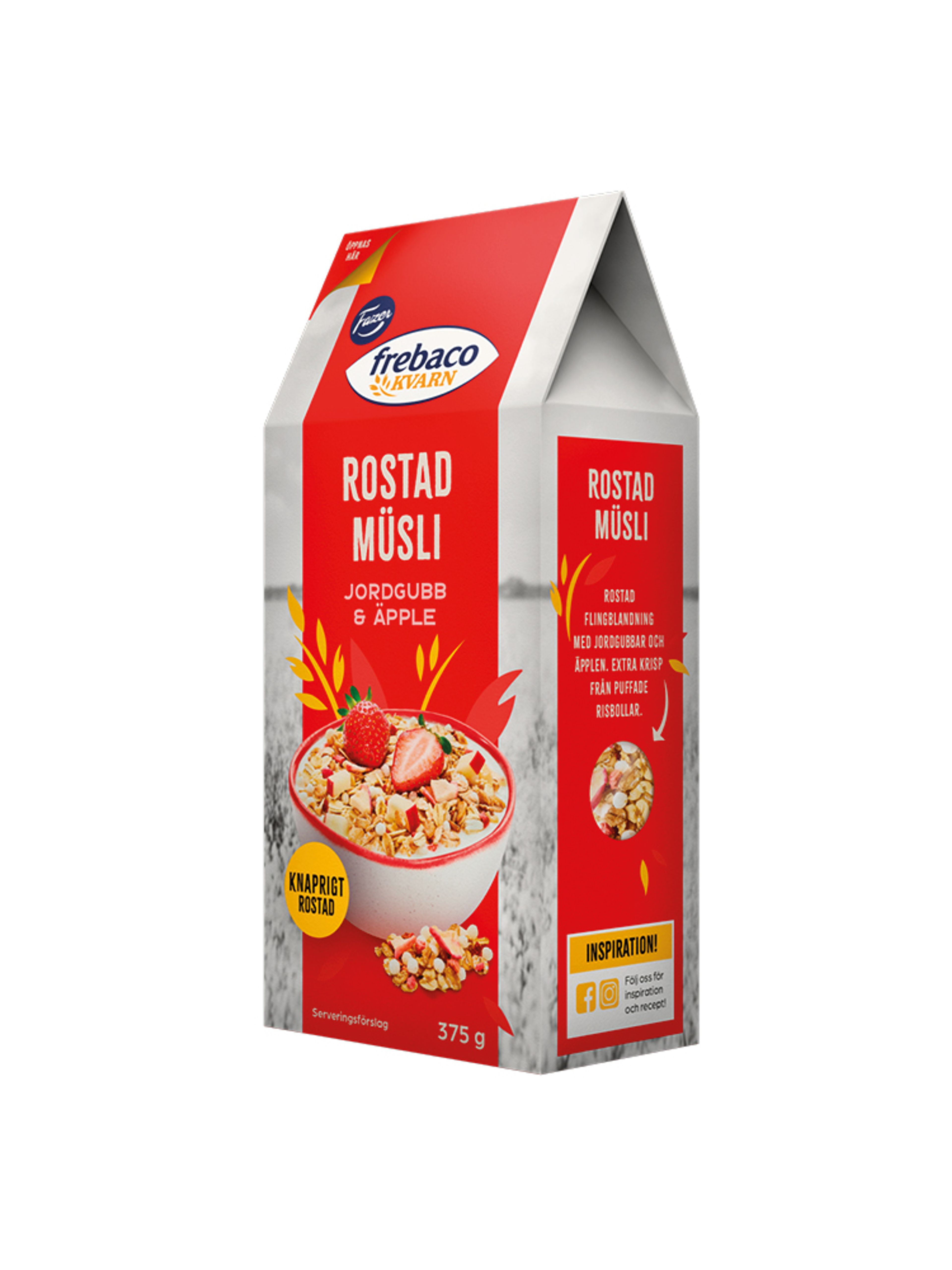 Produktbild som visar Rostad Müsli Jordgubb & Äpple från Frebaco Kvarn