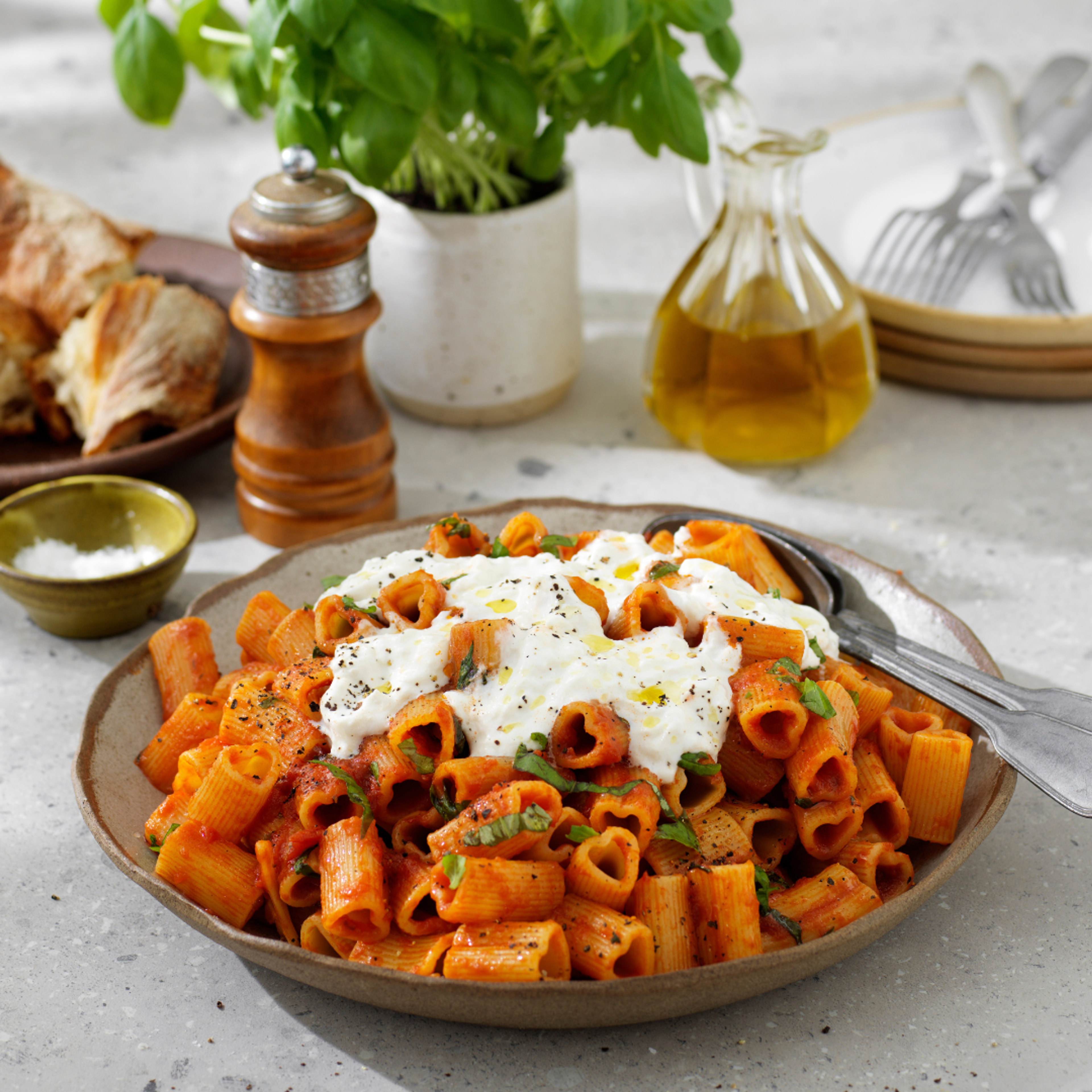 Pasta "pastamore" serverad med krämig tomatsås och toppad med stracciatella, färsk basilika och olivolja. Rätten står på ett ljust bord med bröd, pepparkvarn och olivolja i bakgrunden.