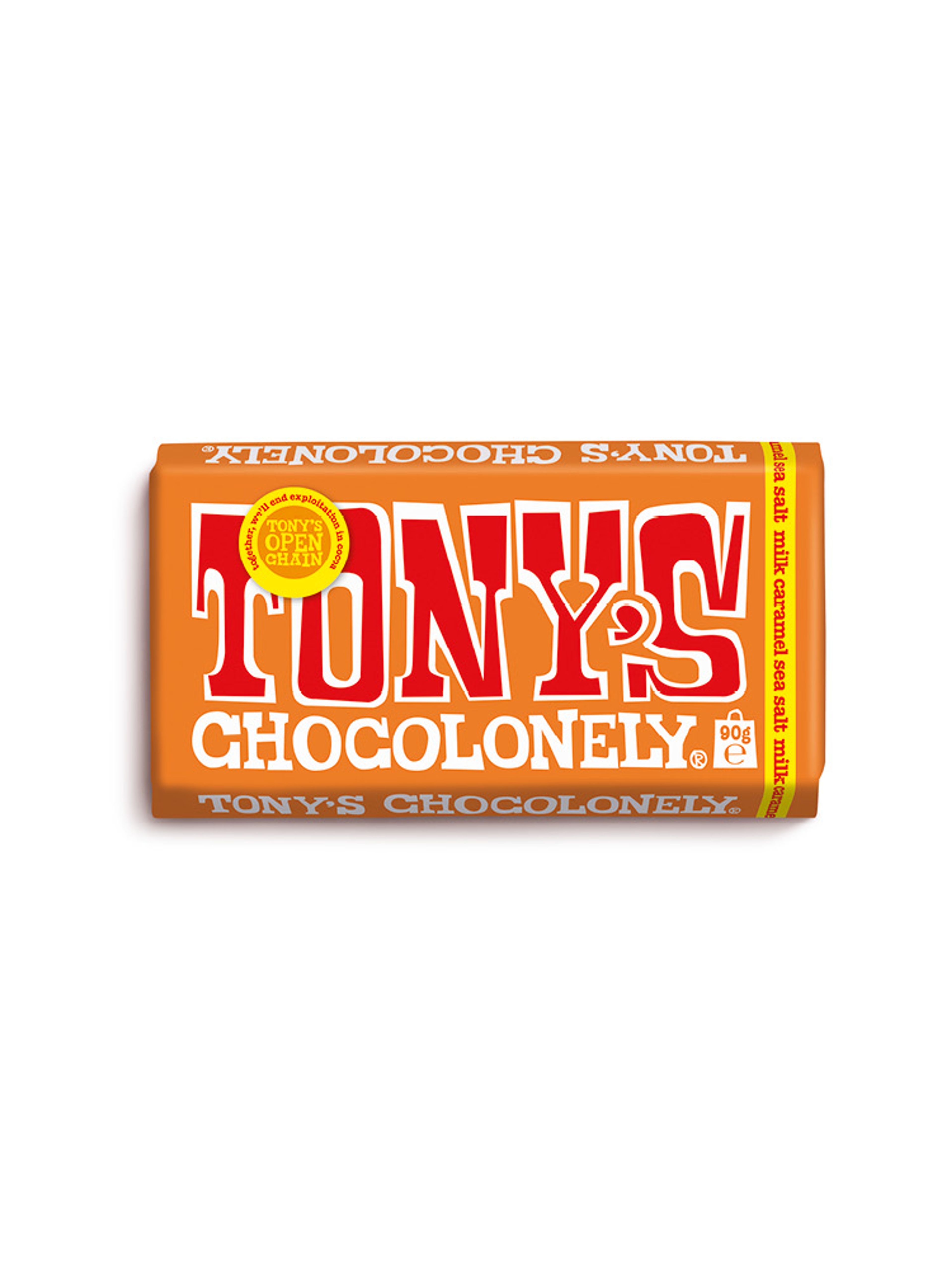 Produktbild som visar Mjölkchoklad Caramel Sea salt från Tony's Chocolonely