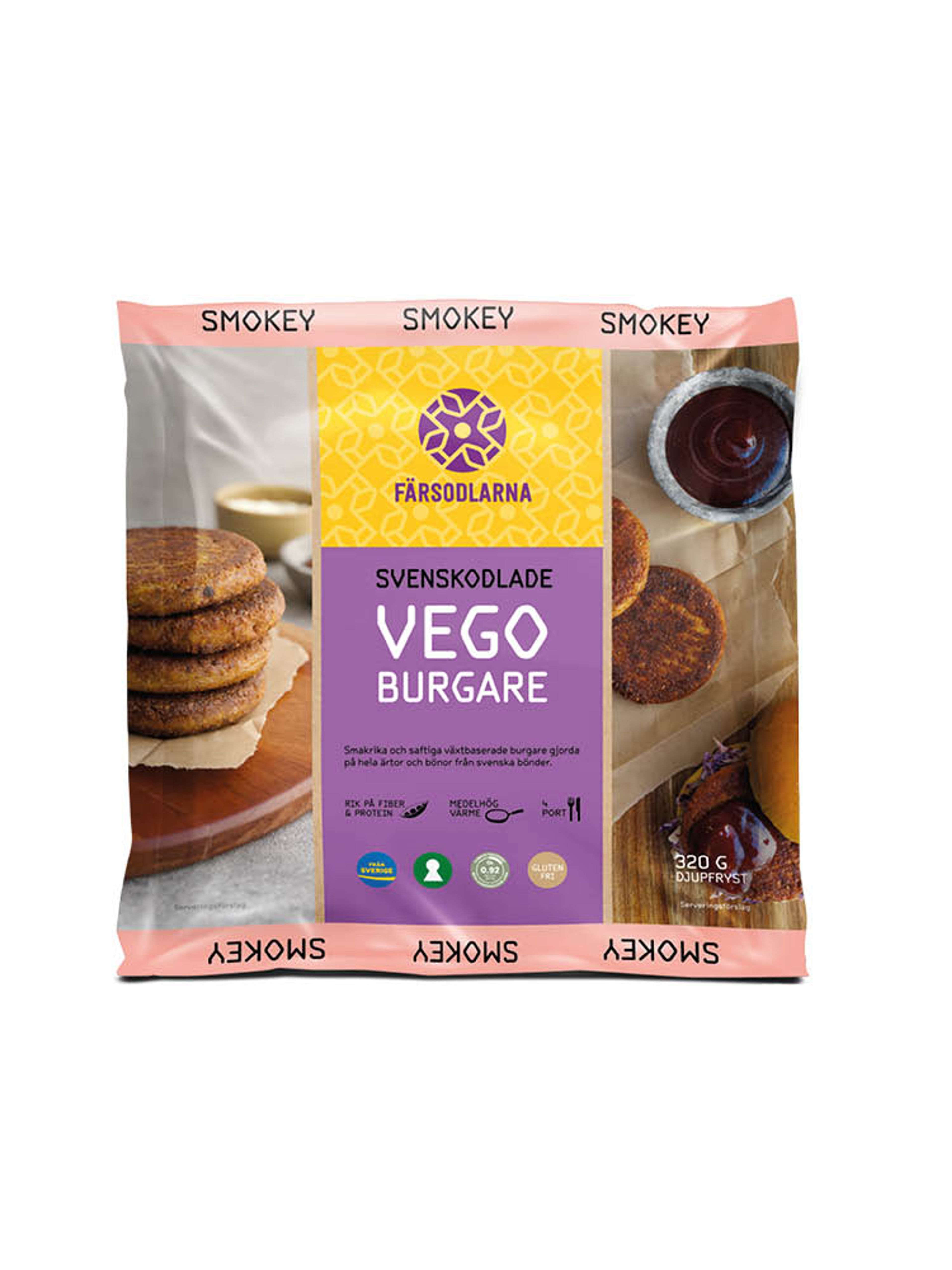 Produktbild som visar Svenskodlade Vegoburgare Smokey från Färsodlarna