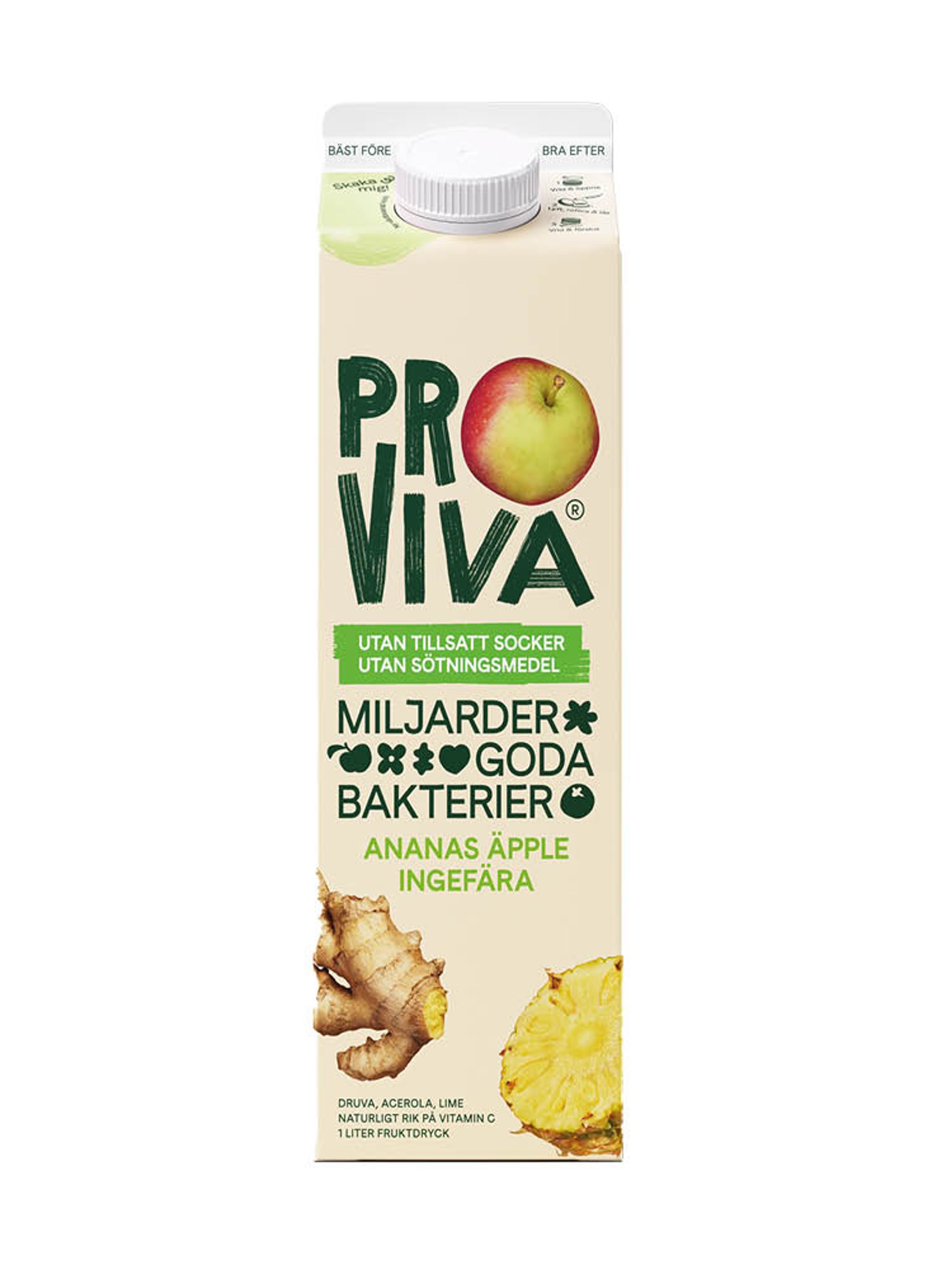 Produktbild som visar Fruktdryck Ananas, Äpple & Ingefära från Proviva