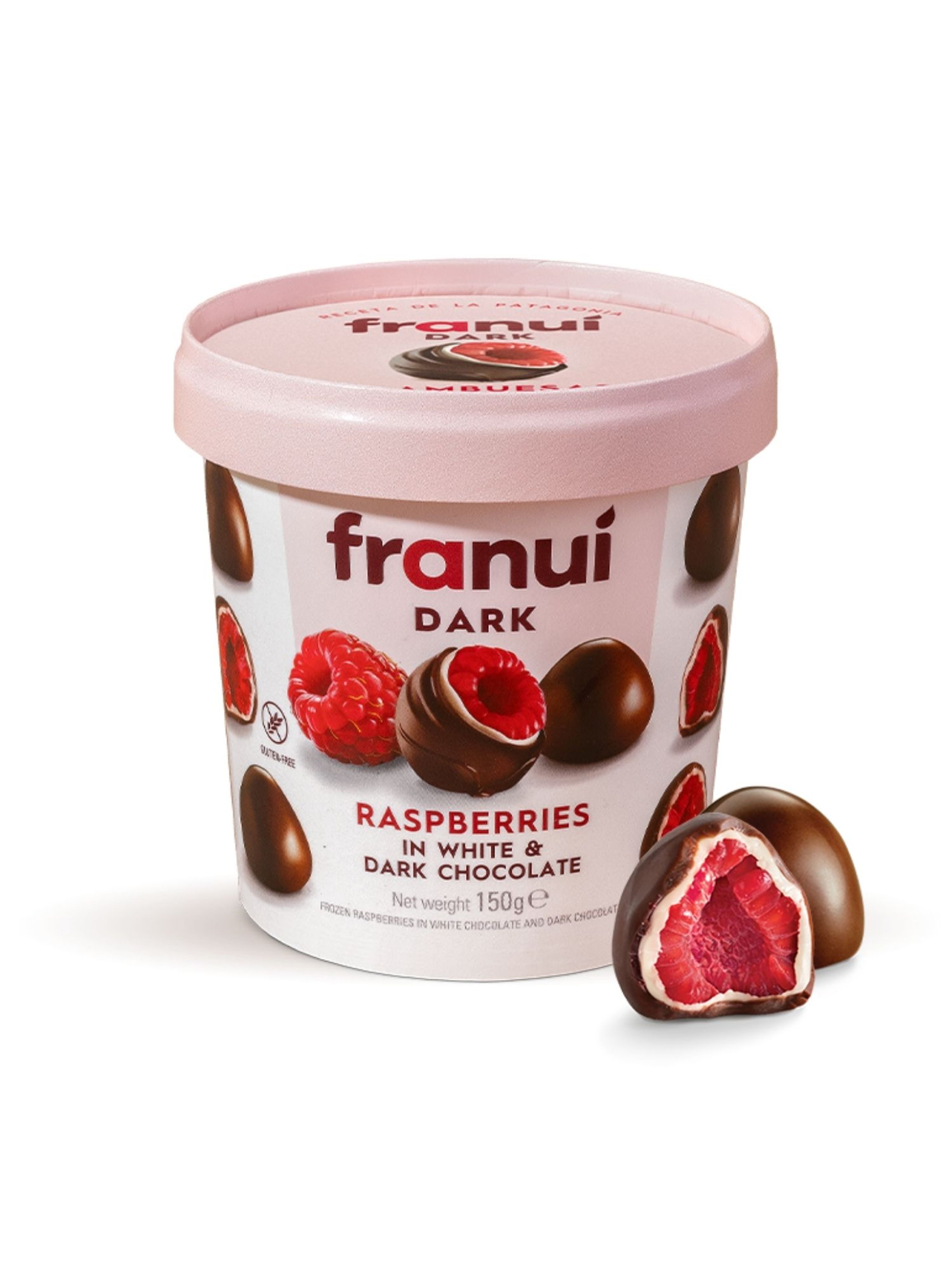 Produktbild som visar Rasberries in White & Dark Chocolate från Franui