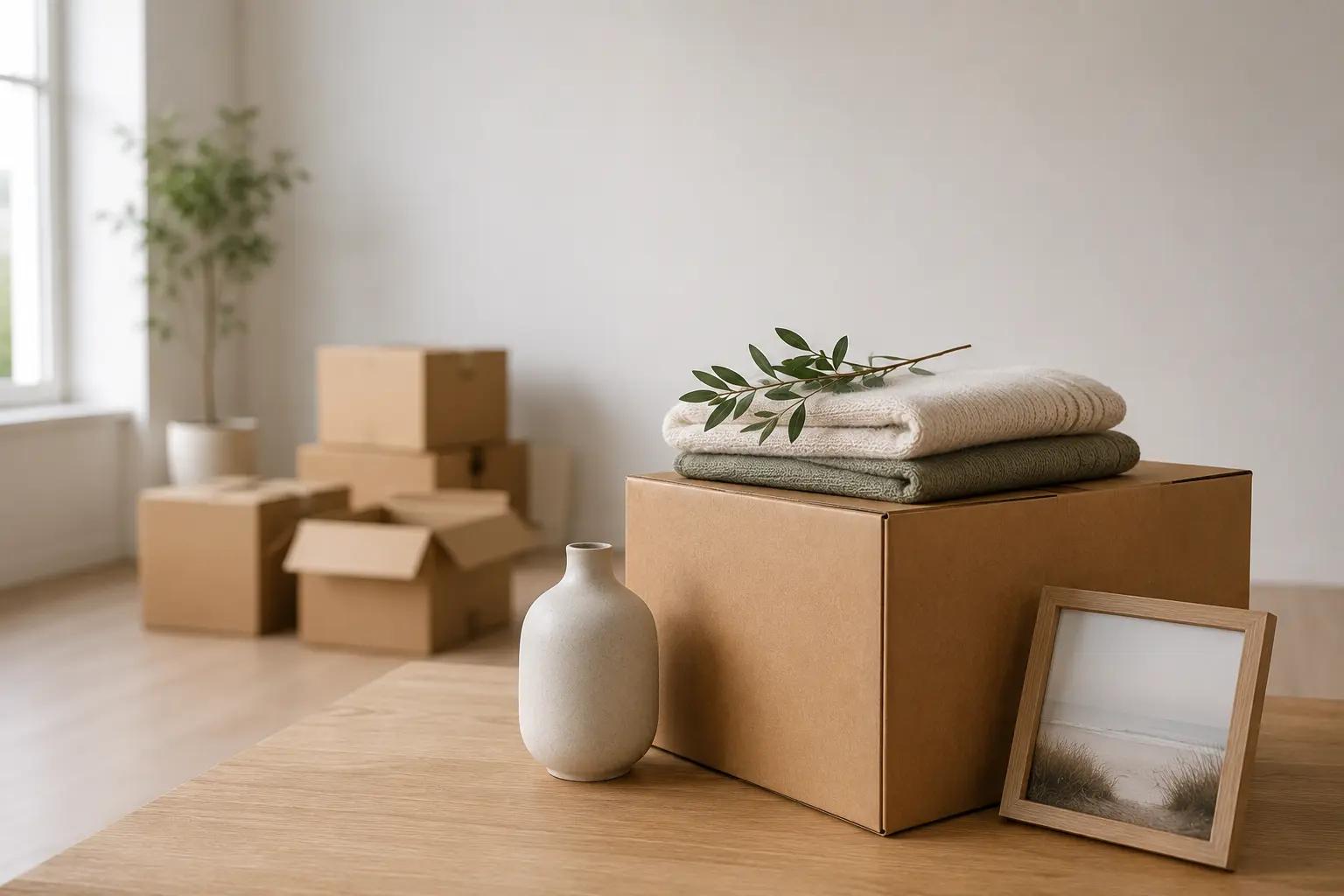 Minimalistische Szene mit Umzugskartons, persönlichen Gegenständen und heller Wohnung – symbolisches Beitragsbild für Entrümpelung nach Todesfall und Wohnungsauflösung.