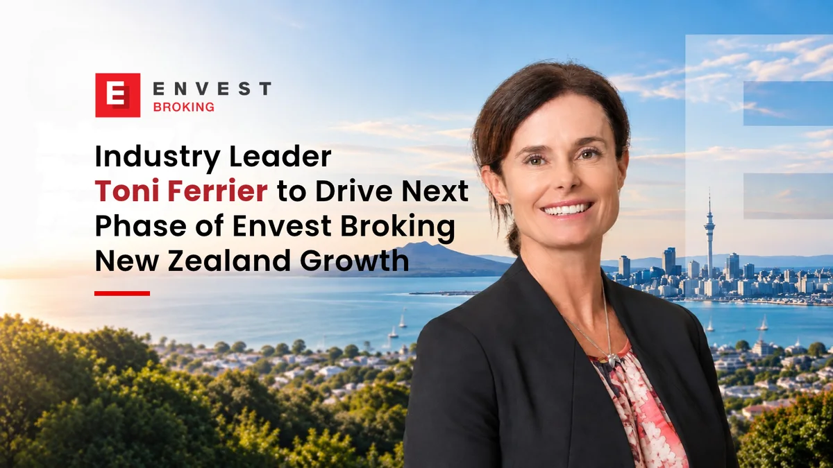 Envest banner announcing Toni Ferrier’s appointment as CEO of Envest Broking New Zealand, featuring her professional portrait against an Auckland harbour and city skyline.