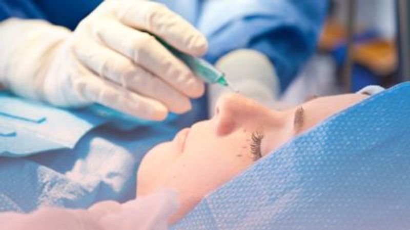 Primer plano de un cirujano plástico marcando suavemente el rostro de una paciente en quirófano antes de un procedimiento estético. Esta planificación de diseño milimétrico garantiza la máxima seguridad y armonía en cirugías faciales como la rinoplastia