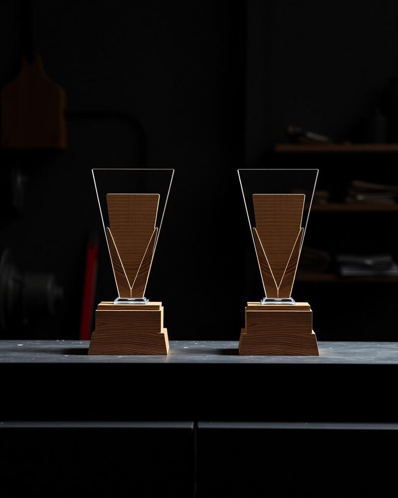 Troféus personalizados em madeira e acrílico sobre bancada escura