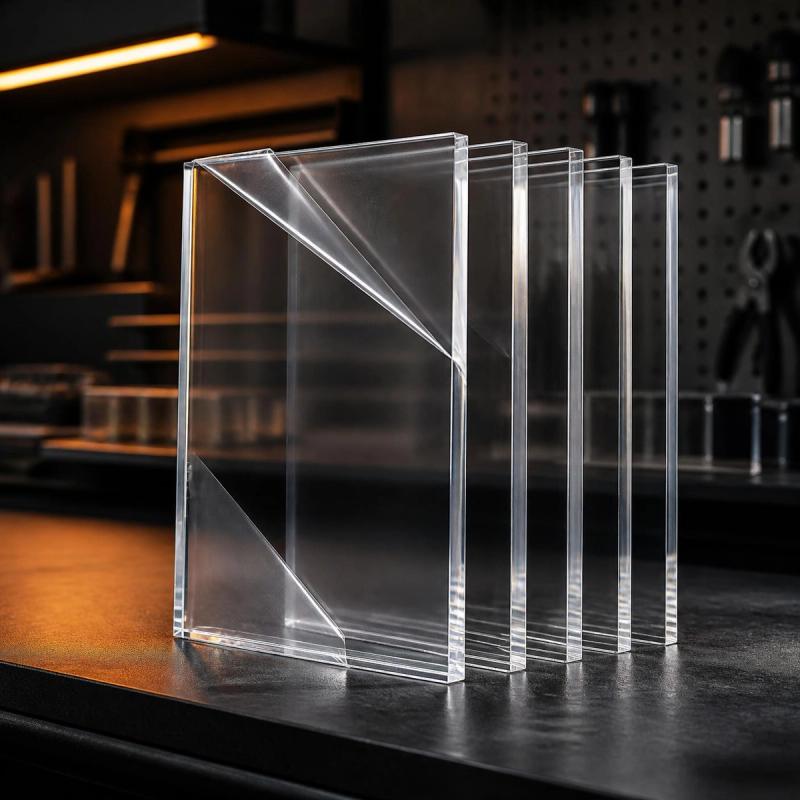 Placas em acrílico transparente sobre bancada de produção