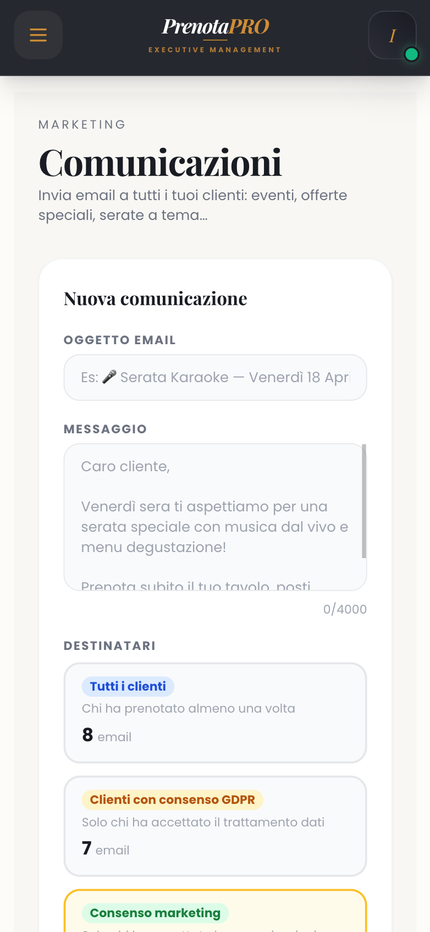 Comunicazione prenotapro mobile