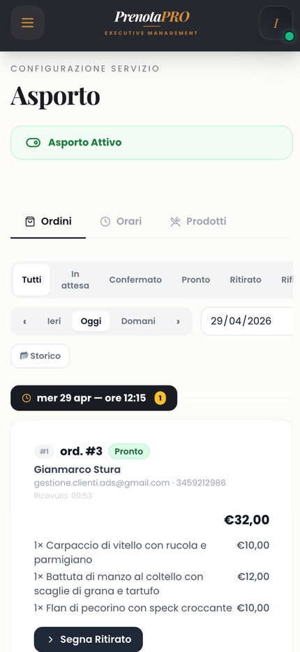 Asporto mobile Prenotapro