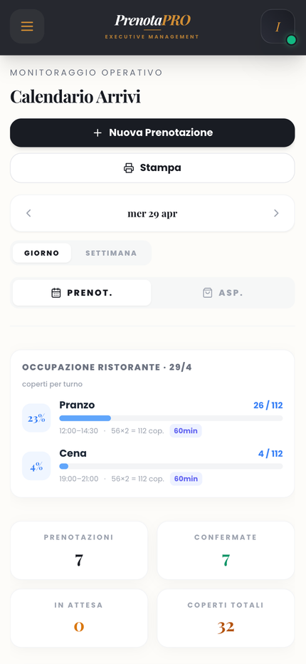 Prenotapro Calendario Arrivi mobile