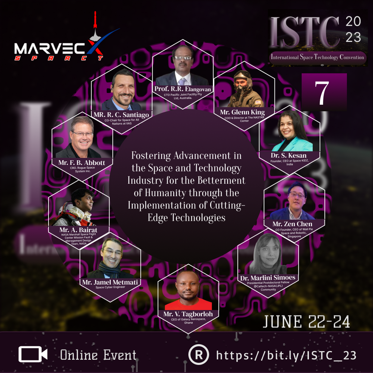 “Promotional flyer for the inaugural International Space Technology Convention, ISTC 2023, held online from June 22 to 24, 2023. The flyer features international speakers from the aerospace, technology and space sectors and highlights the theme, ‘Fostering Advancement in the Space and Technology Industry for the Betterment of Humanity through the Implementation of Cutting-Edge Technologies.