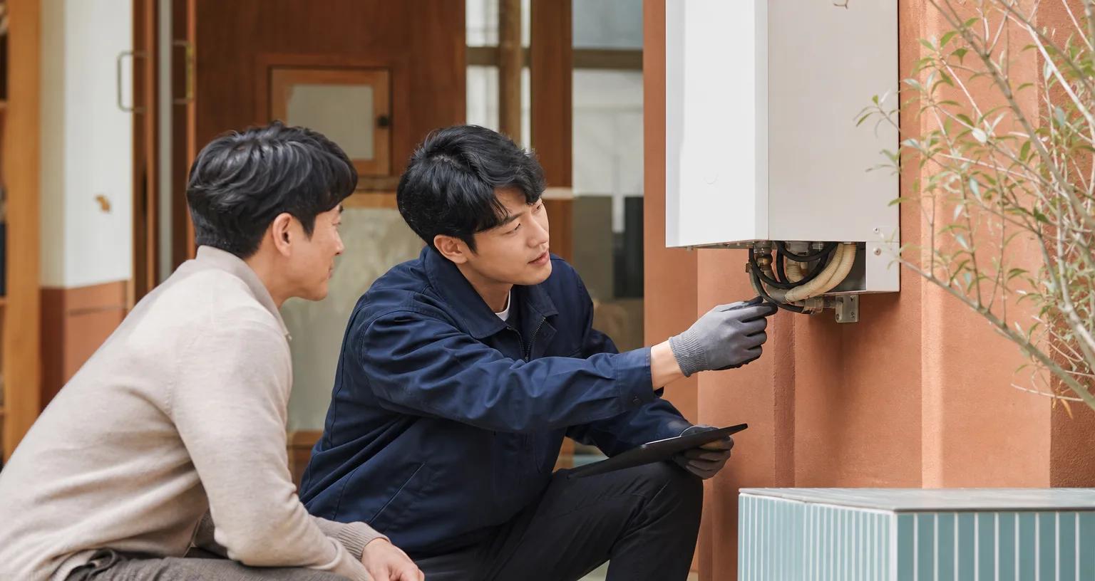 설치 기사가 고객 현장에서 장비 설치 상태를 확인하고 태블릿에 완료 내용을 기록하는 모습