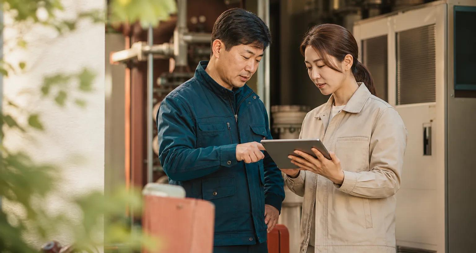 설비가 있는 고객 현장에서 태블릿으로 작업 기록을 확인하는 현장 담당자