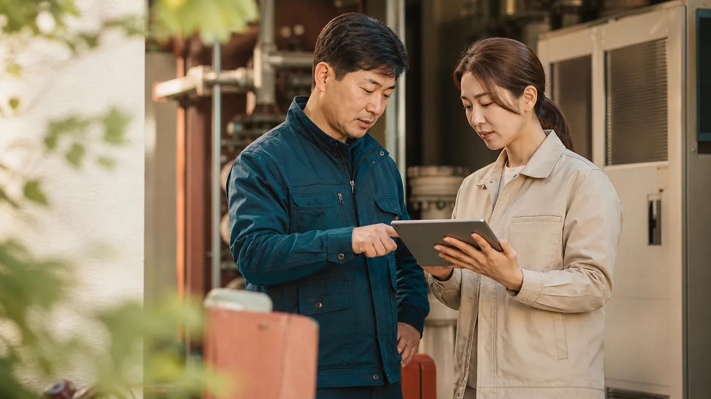 설비가 있는 고객 현장에서 태블릿으로 작업 기록을 확인하는 현장 담당자