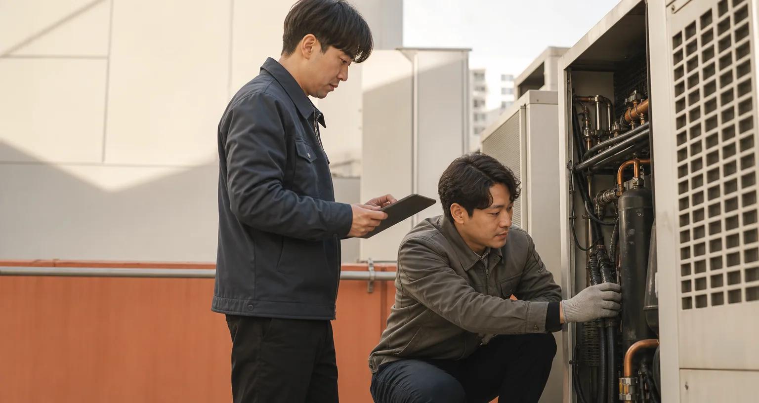 설비가 있는 고객 현장에서 태블릿으로 방문 내용을 확인하는 두 명의 현장 담당자