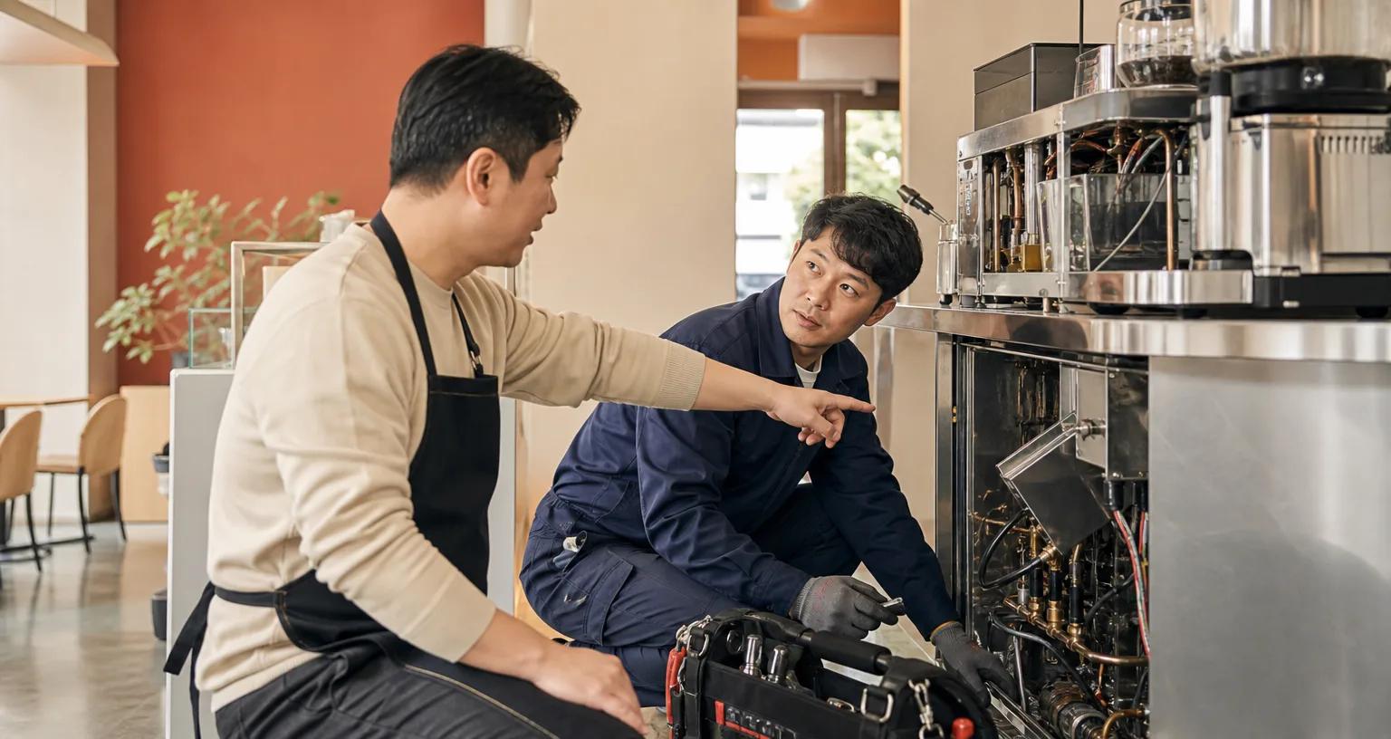 현장에서 장비 상태를 확인하며 고객과 대화하는 A/S 기사
